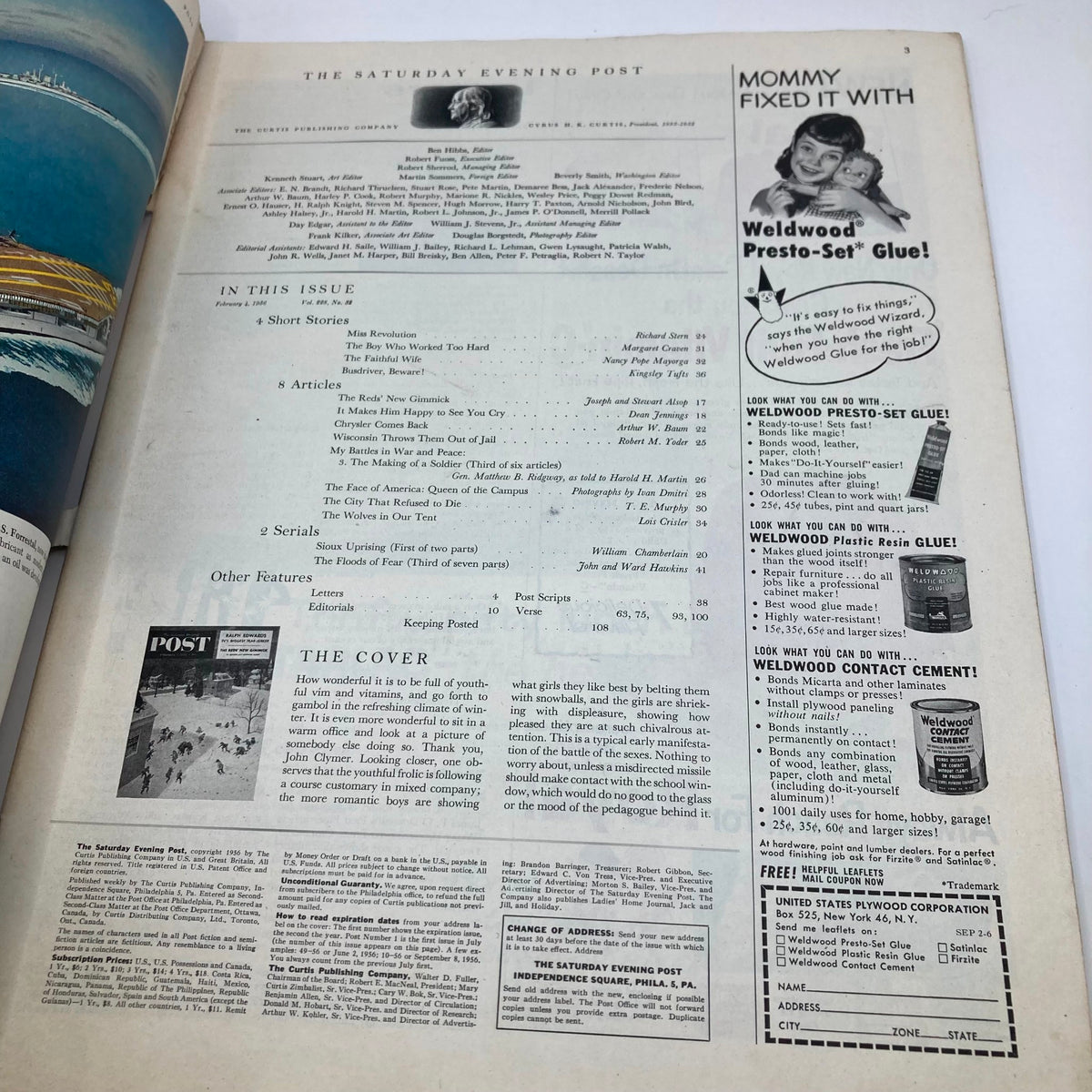 Another interior page of Saturday Evening Post Magazine February 4 1956 with content listing and advertisements, featuring the magazine's cover image.