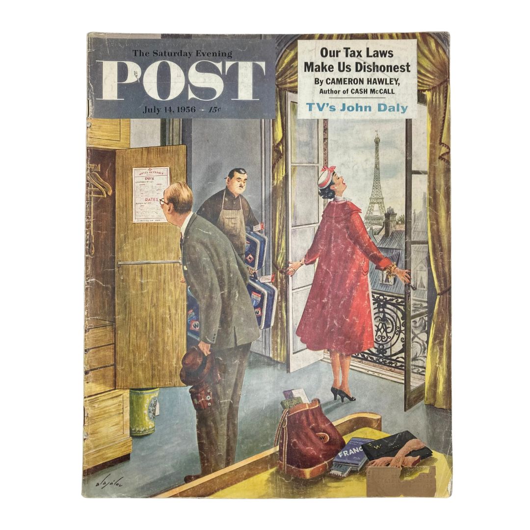 Vintage Saturday Evening Post Magazine cover from July 14, 1956 featuring the artwork 'La Belle Paris' by Alajalov, depicting a woman in a red dress at a window overlooking Paris with a man in a suit and another man carrying bags in a room.