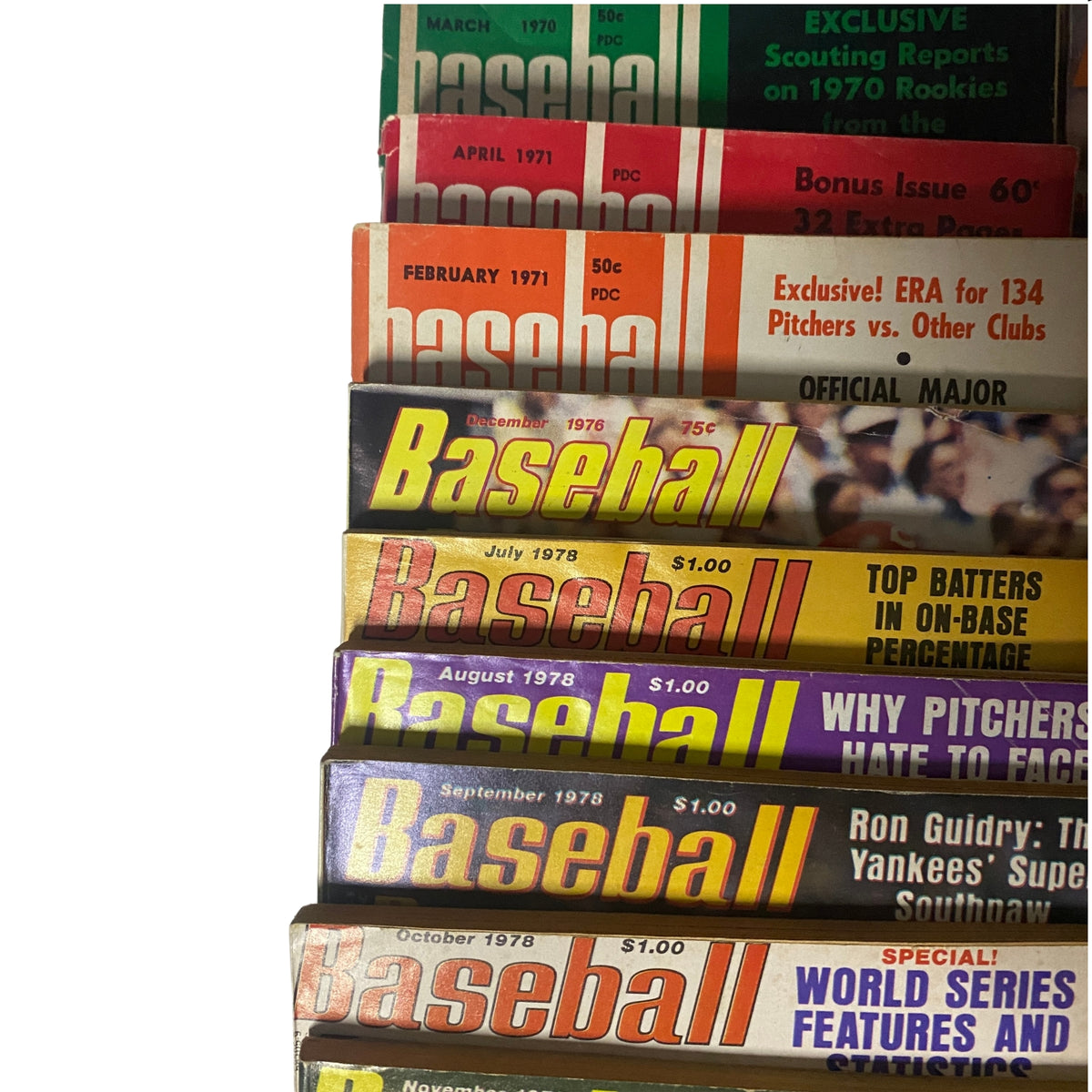 Close-up of Baseball Digest magazine issues from different years including March 1970, April 1971, and various issues from the late 1970s. Rare Baseball Digest Collection – Lot of 44 Issues (1970–1987) – Includes Complete 1977–1979 Sets.