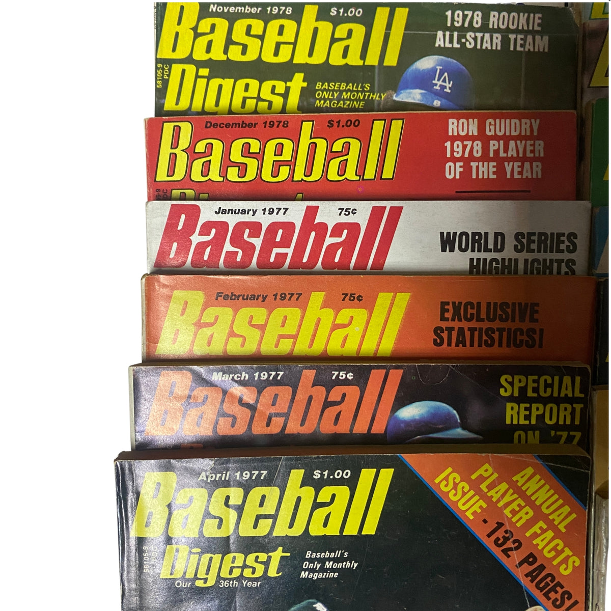 Rare Baseball Digest Collection, featuring vintage issues from 1977 to 1978 including highlights on player statistics and historical baseball moments.