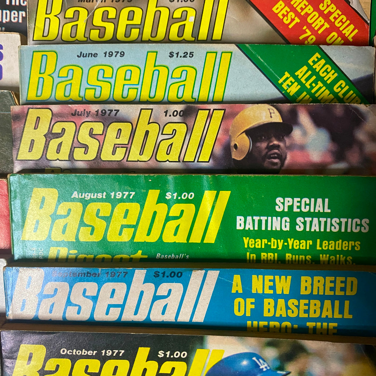 Rare Baseball Digest Collection, showcasing classic issues from 1977 to 1979 with special reports on player performance and baseball history.