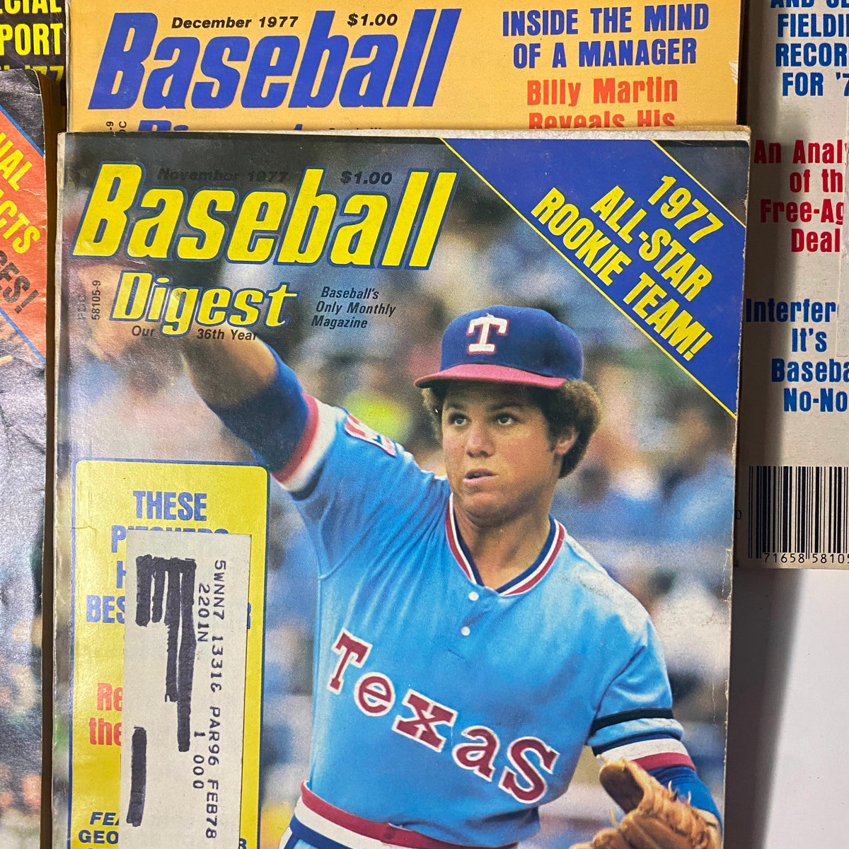 Rare Baseball Digest Collection, highlighting the December 1977 issue with notable baseball features and the 1977 All-Star Rookie Team.