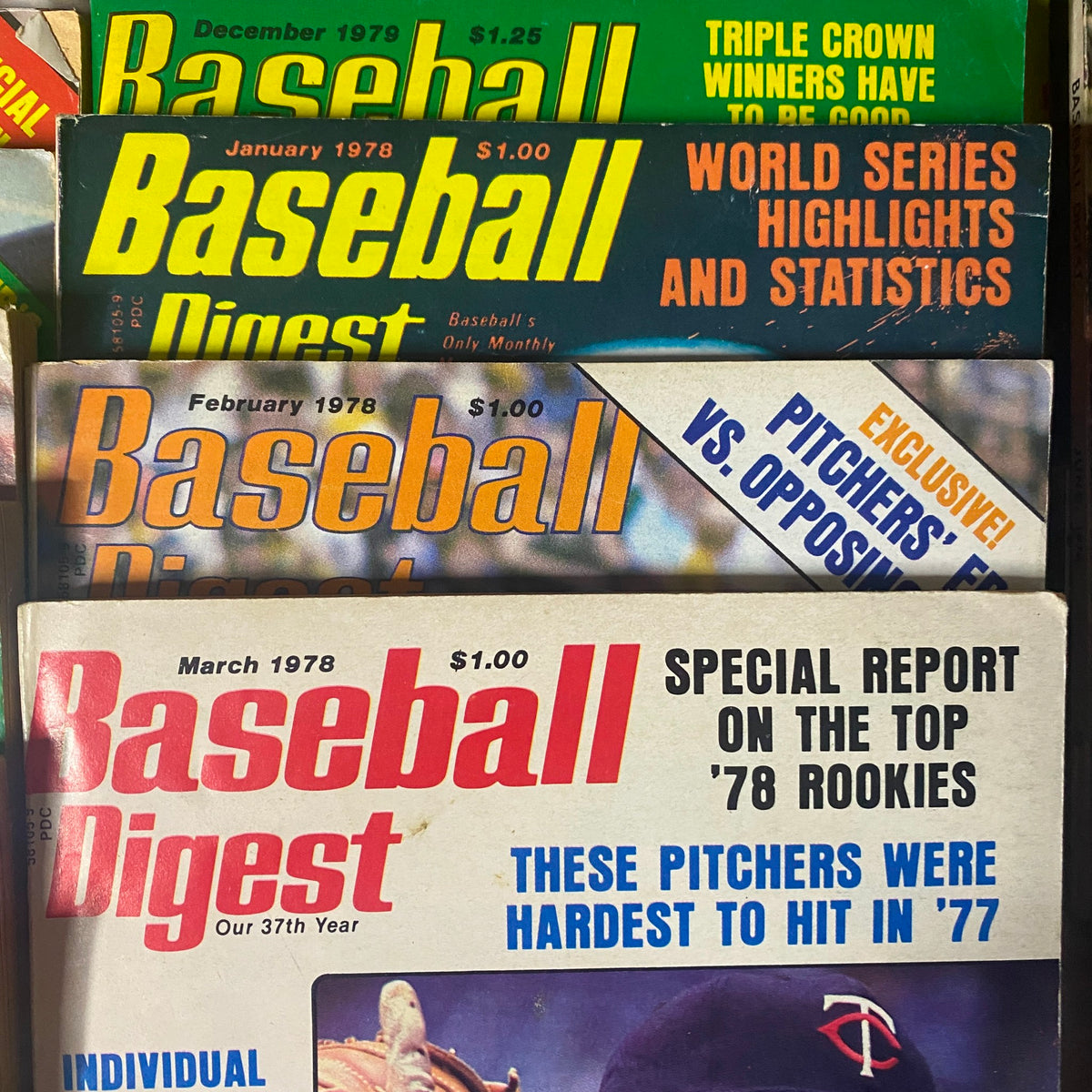 Rare Baseball Digest Collection – Lot of 44 Issues (1970–1987) showcasing covers from various issues including December 1979 and January 1978, highlighting historical baseball content.
