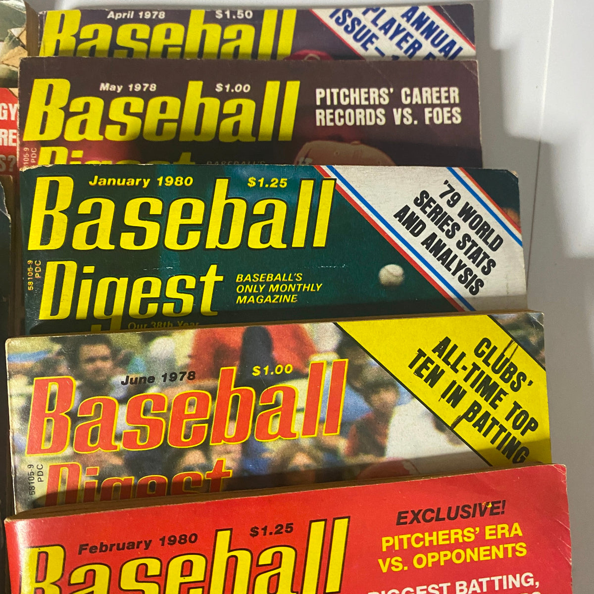 Rare Baseball Digest Collection – Lot of 44 Issues (1970–1987) featuring covers from April 1978 and January 1980, with statistics and insights on baseball season highlights.
