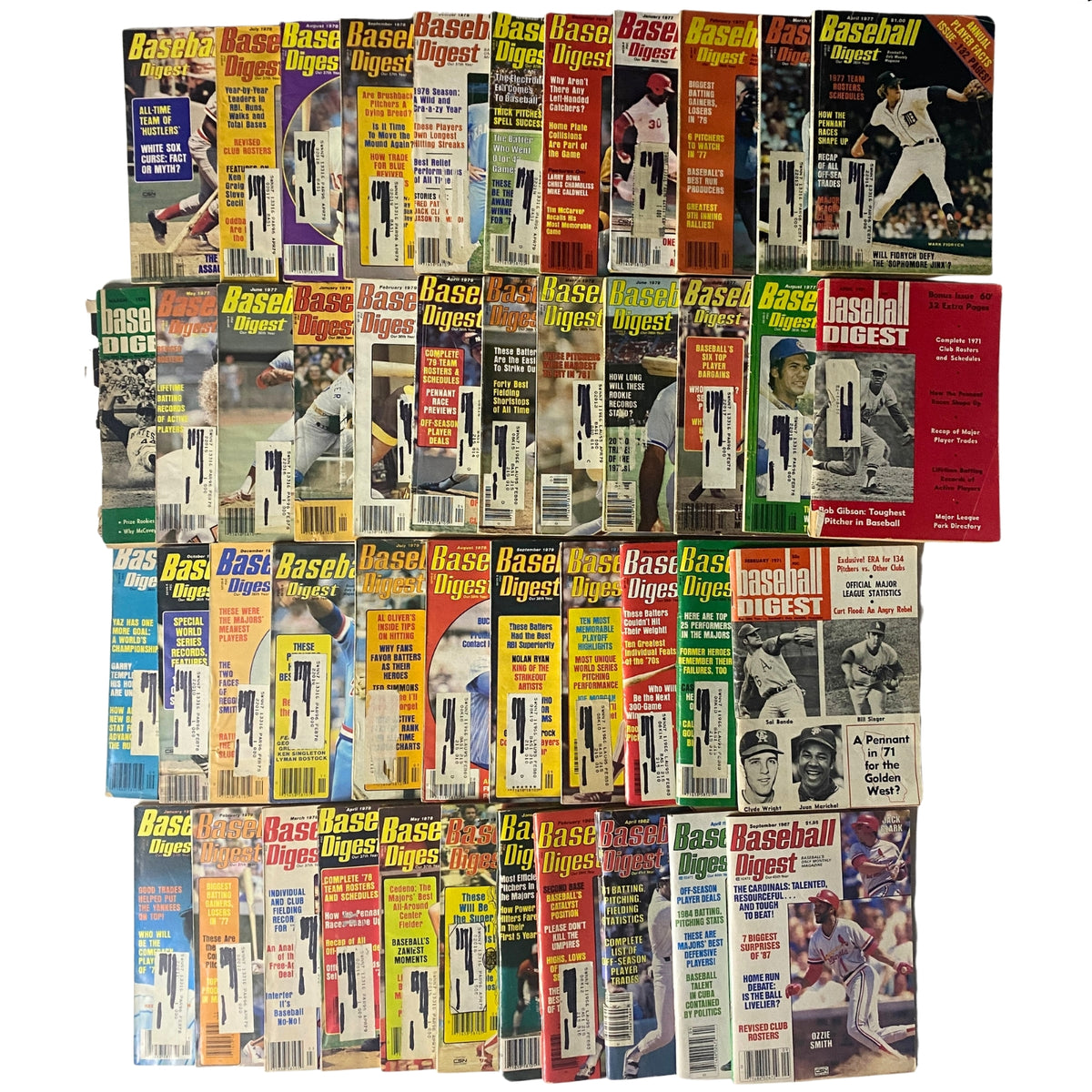 Rare Baseball Digest Collection – Lot of 44 Issues (1970–1987) presenting a comprehensive selection of magazine covers, illustrating the evolution of baseball throughout the years.