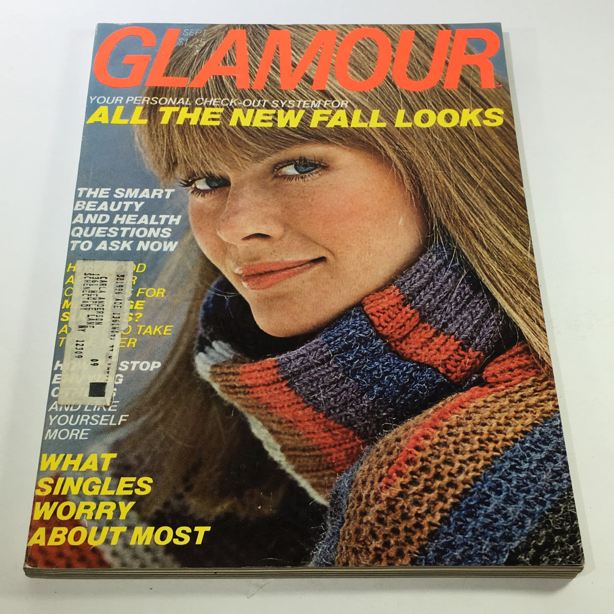 VTG Glamour Magazine: September 1976 - Charly Cover featuring a stylish woman in a colorful knitted sweater.