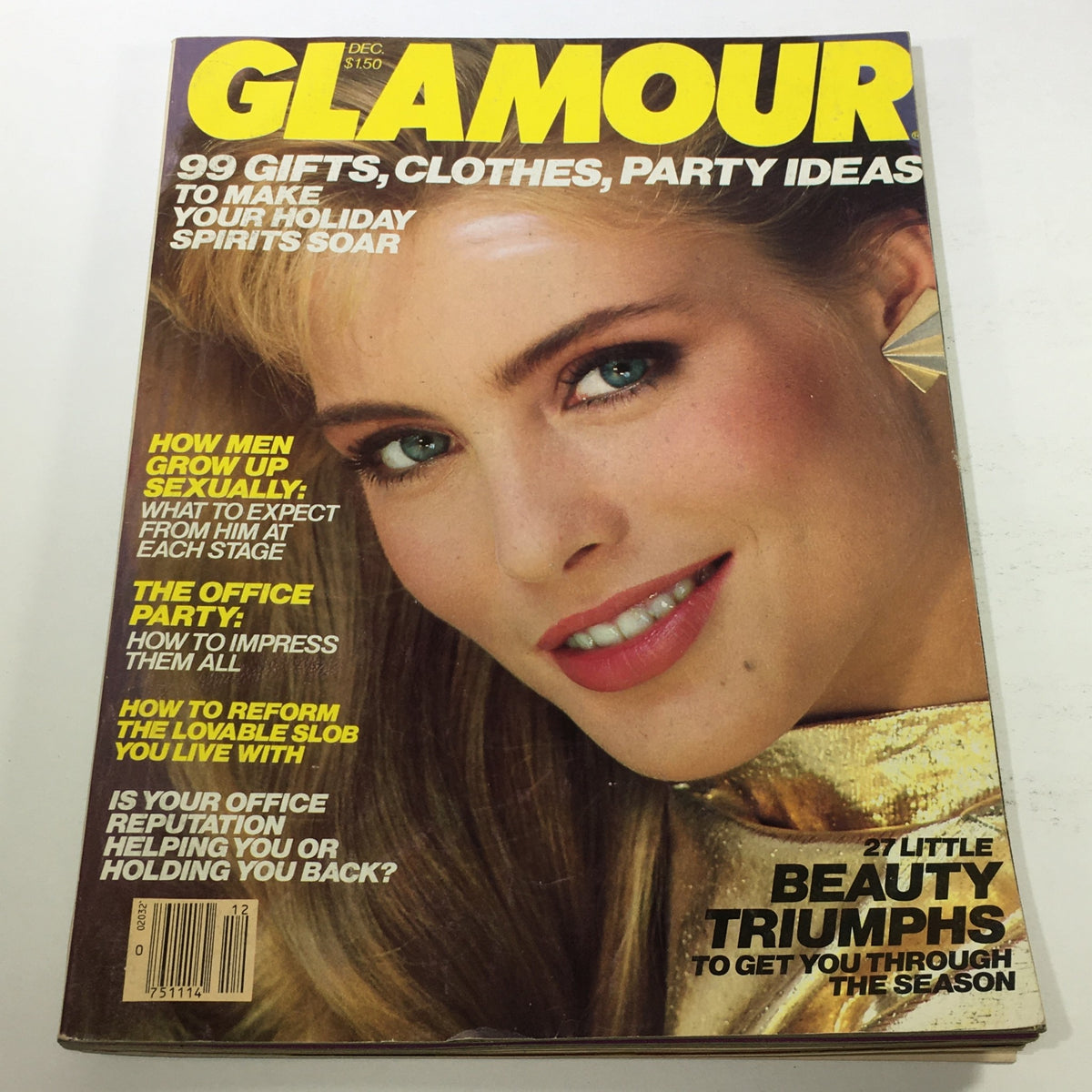VTG Glamour Magazine December 1980 featuring Kim Alexis on the cover, showcasing vibrant fashion and beauty tips for the holiday season.