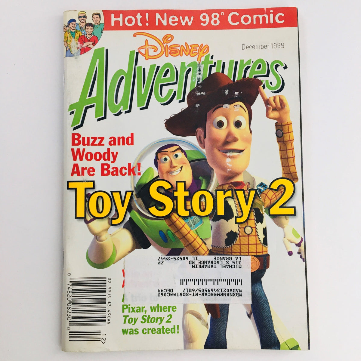 Cover of Disney Adventures Magazine, December 1999, featuring Buzz Lightyear and Woody from Toy Story 2. Highlighting nostalgic elements of late '90s pop culture.