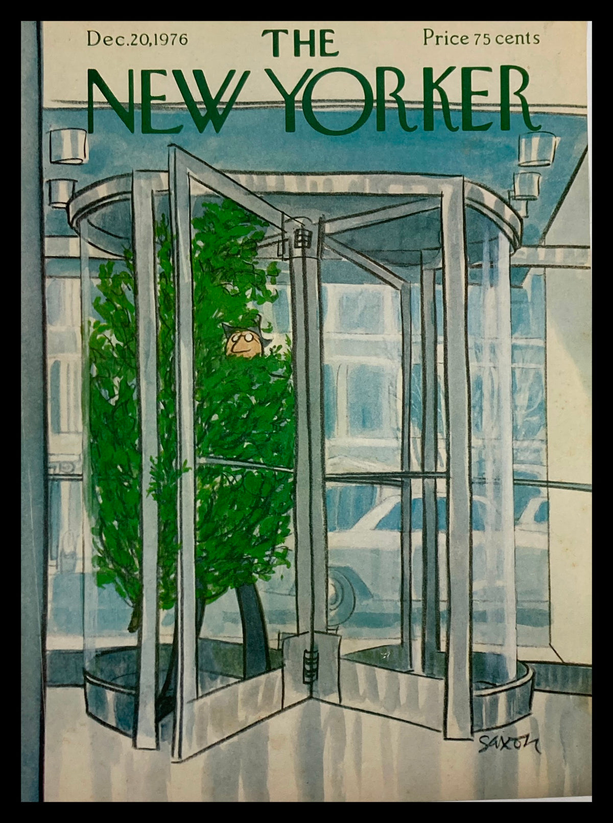 COVER ONLY The New Yorker December 20 1976 My Tree by Charles Saxon. This vintage magazine cover features whimsical artwork of a revolving door with a Christmas tree and a curious character peeking out.