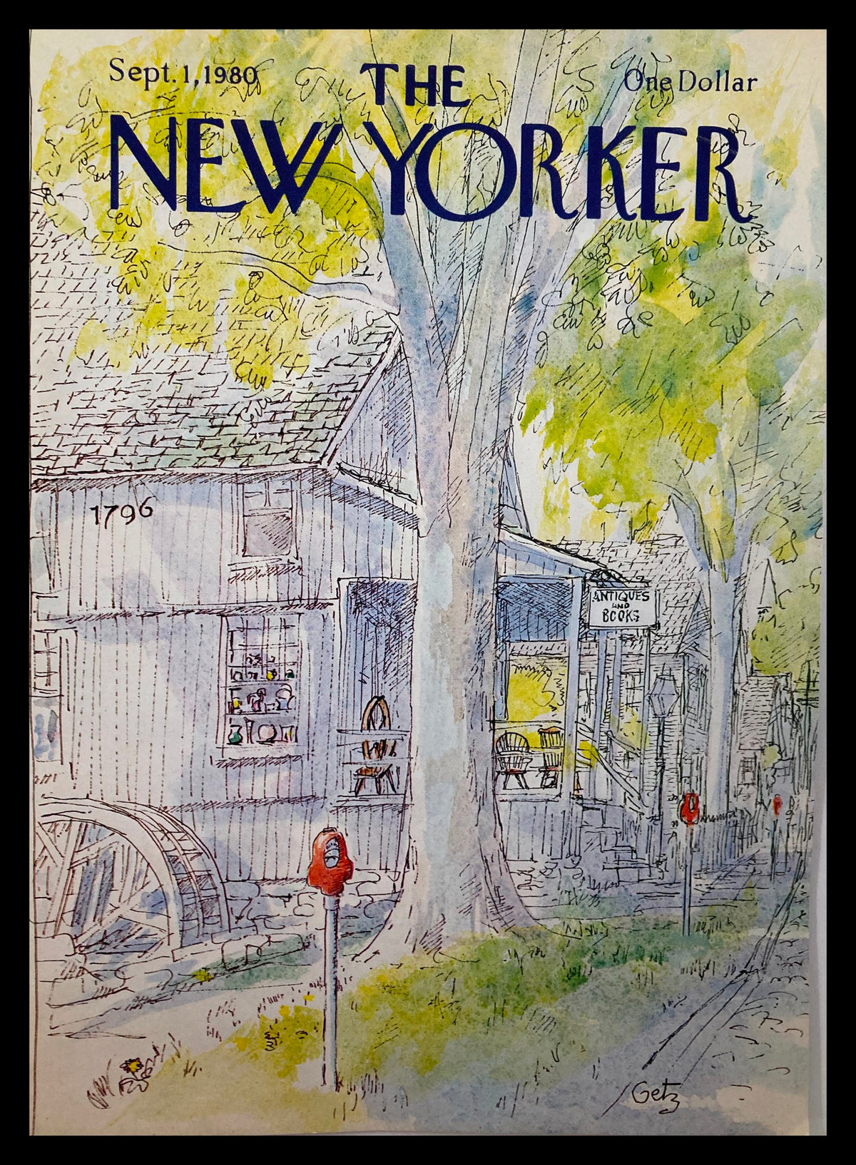 Cover of The New Yorker dated September 1, 1980, featuring a watercolor illustration by Getz depicting an antiques and books shop, showcasing a blend of nostalgia and artistry.