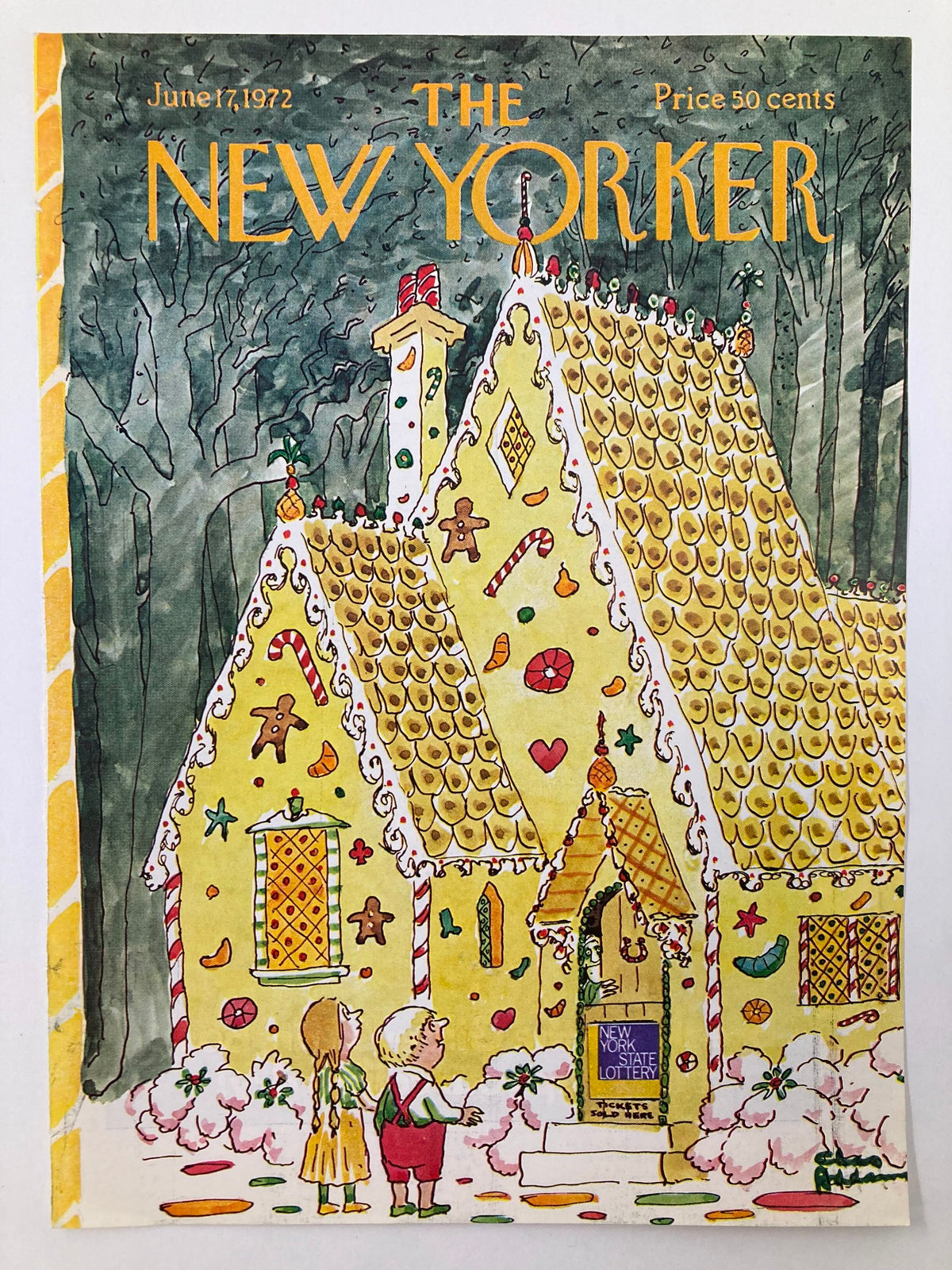 COVER ONLY The New Yorker June 17 1972 Lottery House by Chas Addams, featuring a whimsical yellow house adorned with candy decorations, surrounded by trees, showcasing a classic illustration style perfect for collectors.