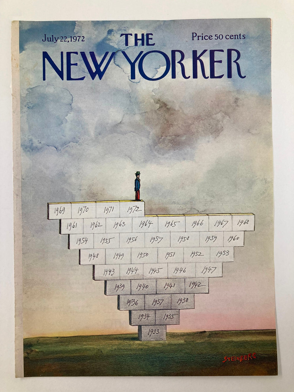 Cover of The New Yorker July 22, 1972, art by Saul Steinberg, depicting a single figure at the center of a heart-shaped arrangement of years, symbolizing nostalgia and reflection.