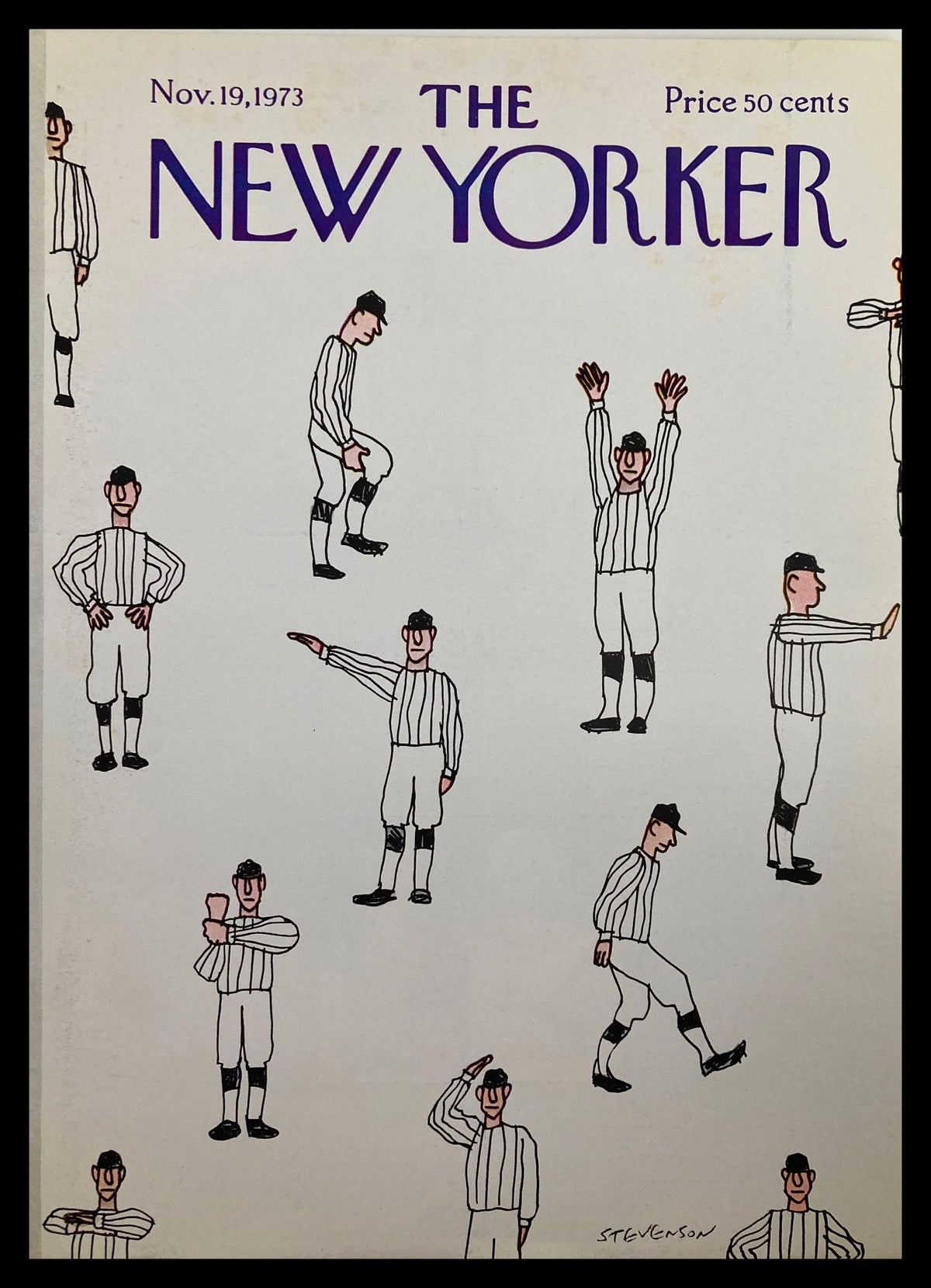 Cover of The New Yorker, November 19, 1973, featuring illustrations of referees by James Stevenson, showcasing whimsical characters in striped uniforms.