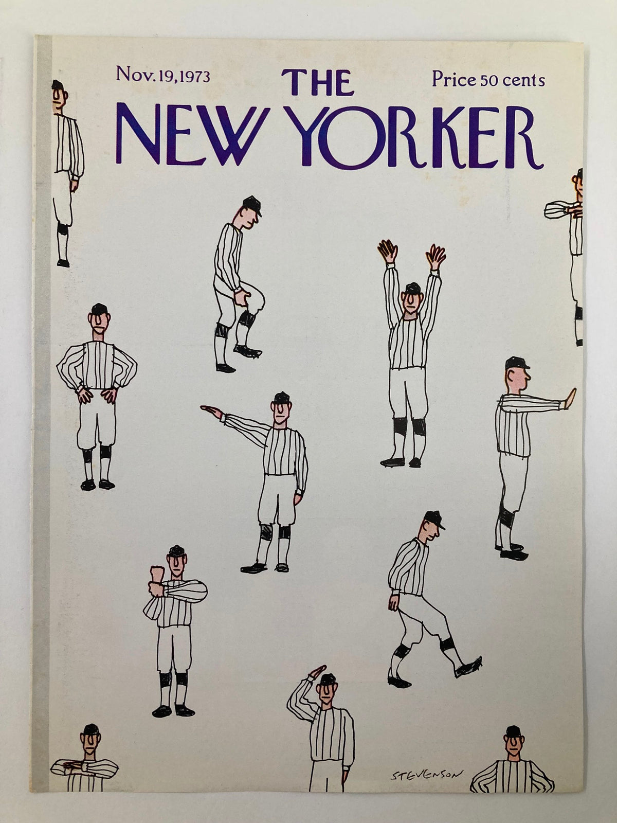 Cover of The New Yorker, November 19, 1973, illustrated by James Stevenson, depicting multiple referees in action poses in their distinctive striped outfits.