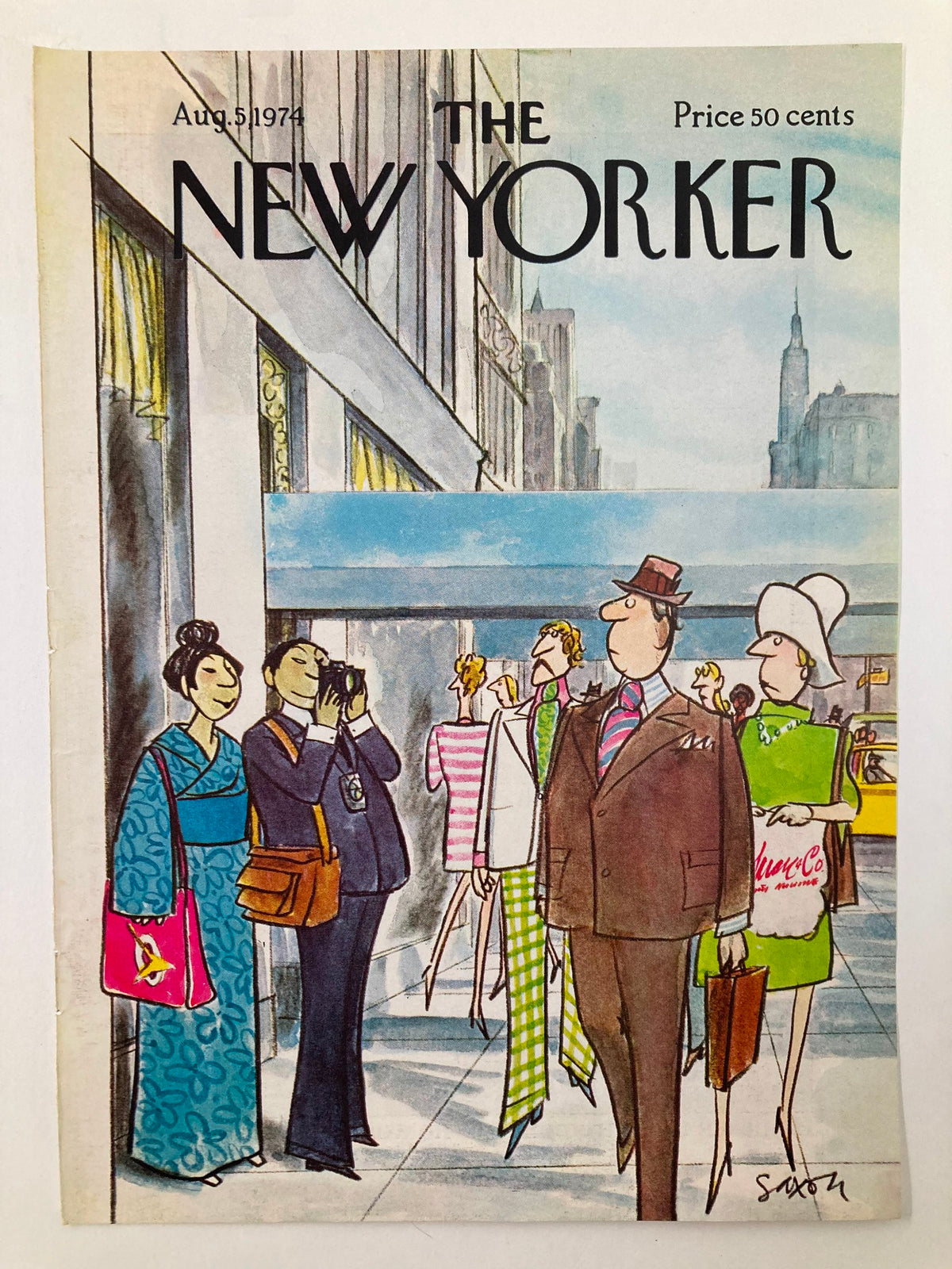 The New Yorker August 5 1974 cover artwork by Charles Saxon, showcasing a colorful depiction of tourists interacting, with iconic New York City architecture in the background.