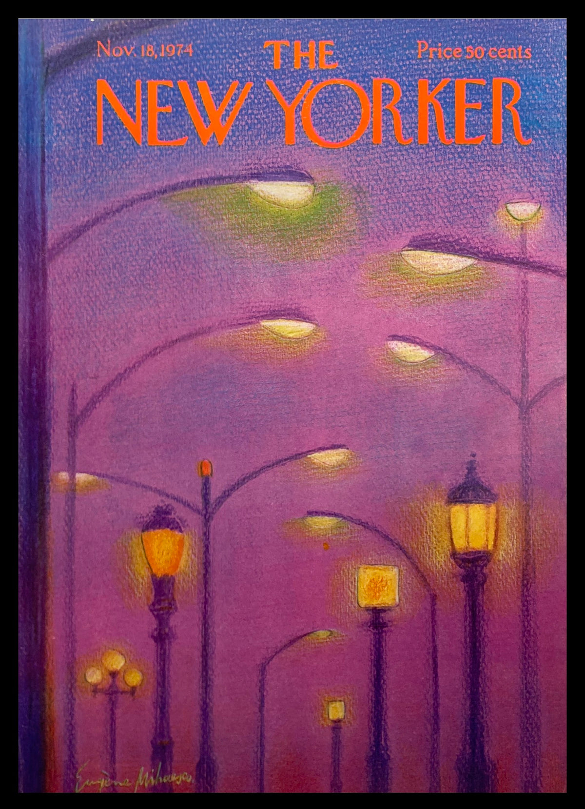 Cover only of The New Yorker, November 18, 1974, featuring a picturesque illustration of street lights by E. Mihaesco, set against a purple and orange sky, highlighting its nostalgic ambiance.
