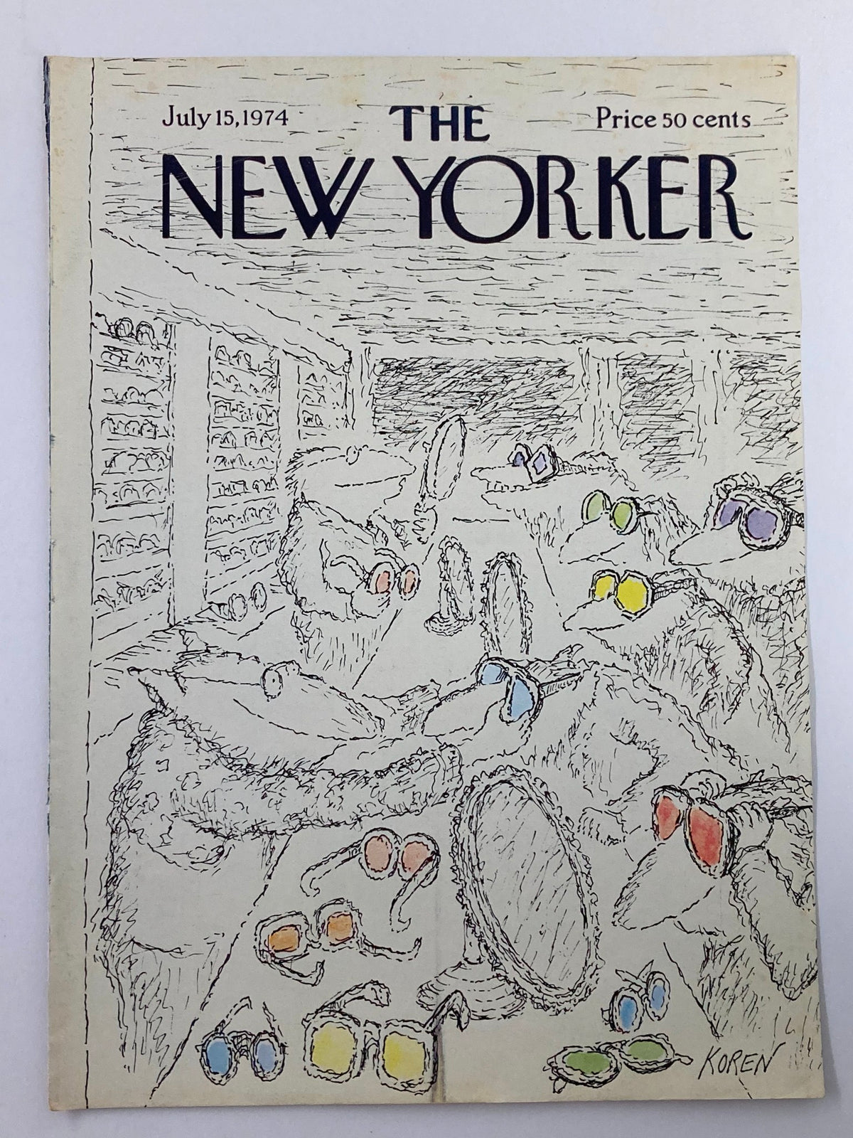 COVER ONLY The New Yorker July 15 1974 displaying a unique drawing by Edward Koren showcasing quirky characters surrounded by sunglasses, representing 1970s fashion.