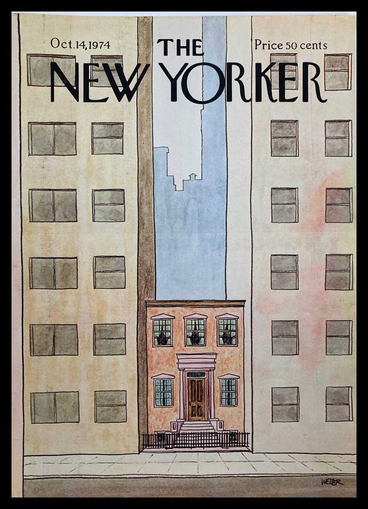 The New Yorker October 14 1974 cover featuring an illustration titled "Stuart's House" by Weber, showcasing a charming historic house framed by modern buildings, ideal for collectors and art enthusiasts.