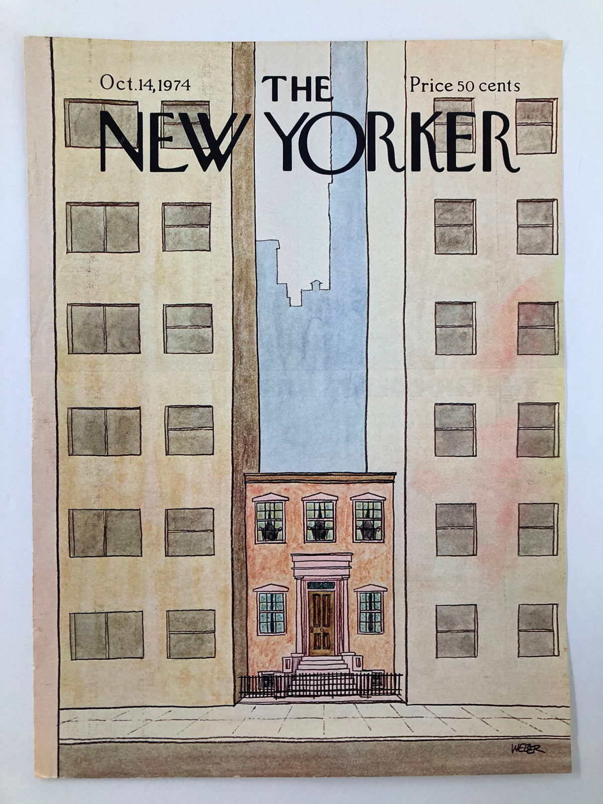 Cover art of The New Yorker dated October 14, 1974 titled 'Stuart's House' by Weber, featuring a charming illustration of a pink house between two tall buildings.