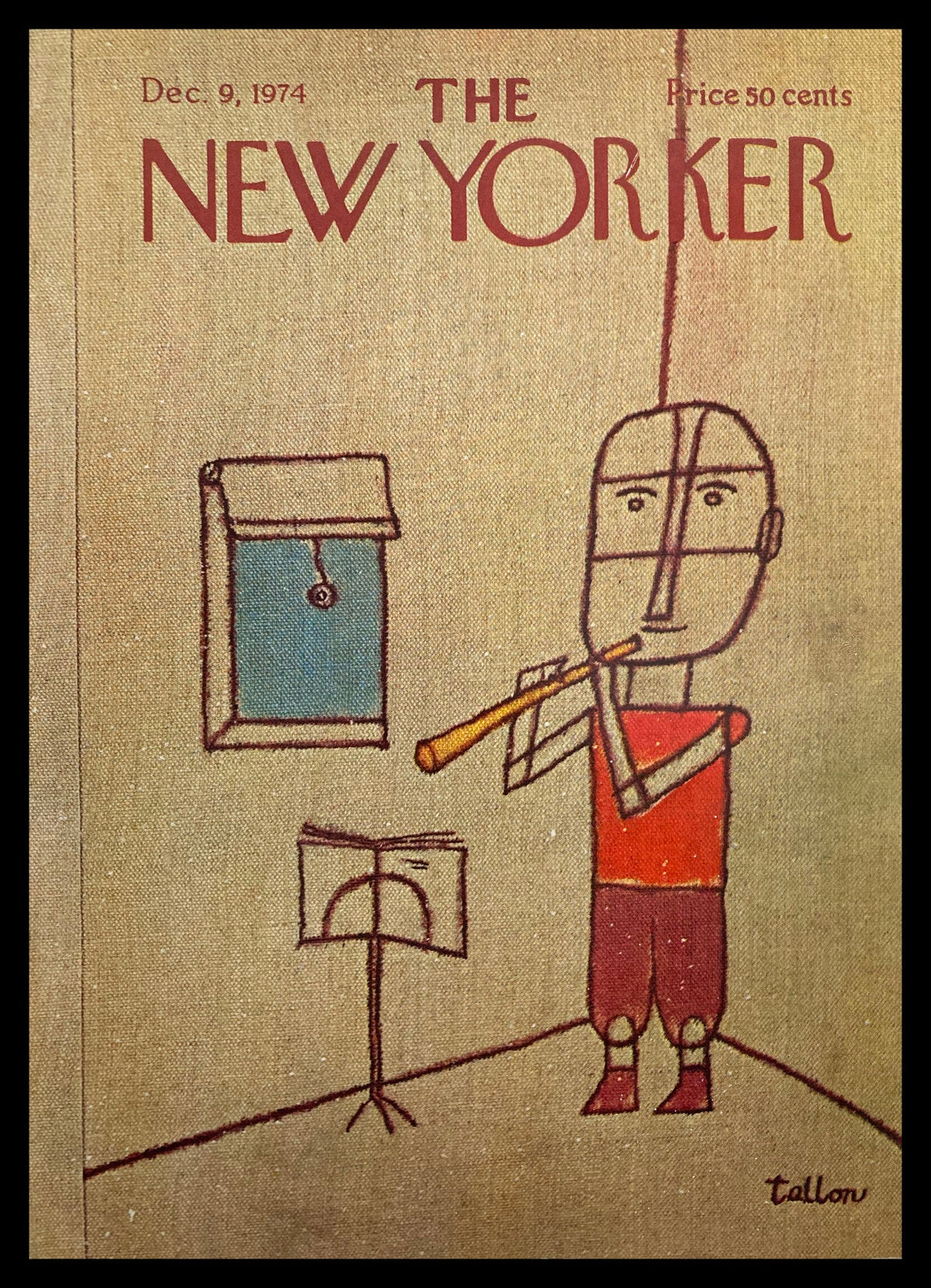Cover only edition of The New Yorker dated December 9, 1974 featuring cover art titled 'Practice More' by R. Tallon, depicting a figure playing a flute with a window and music stand in the background.
