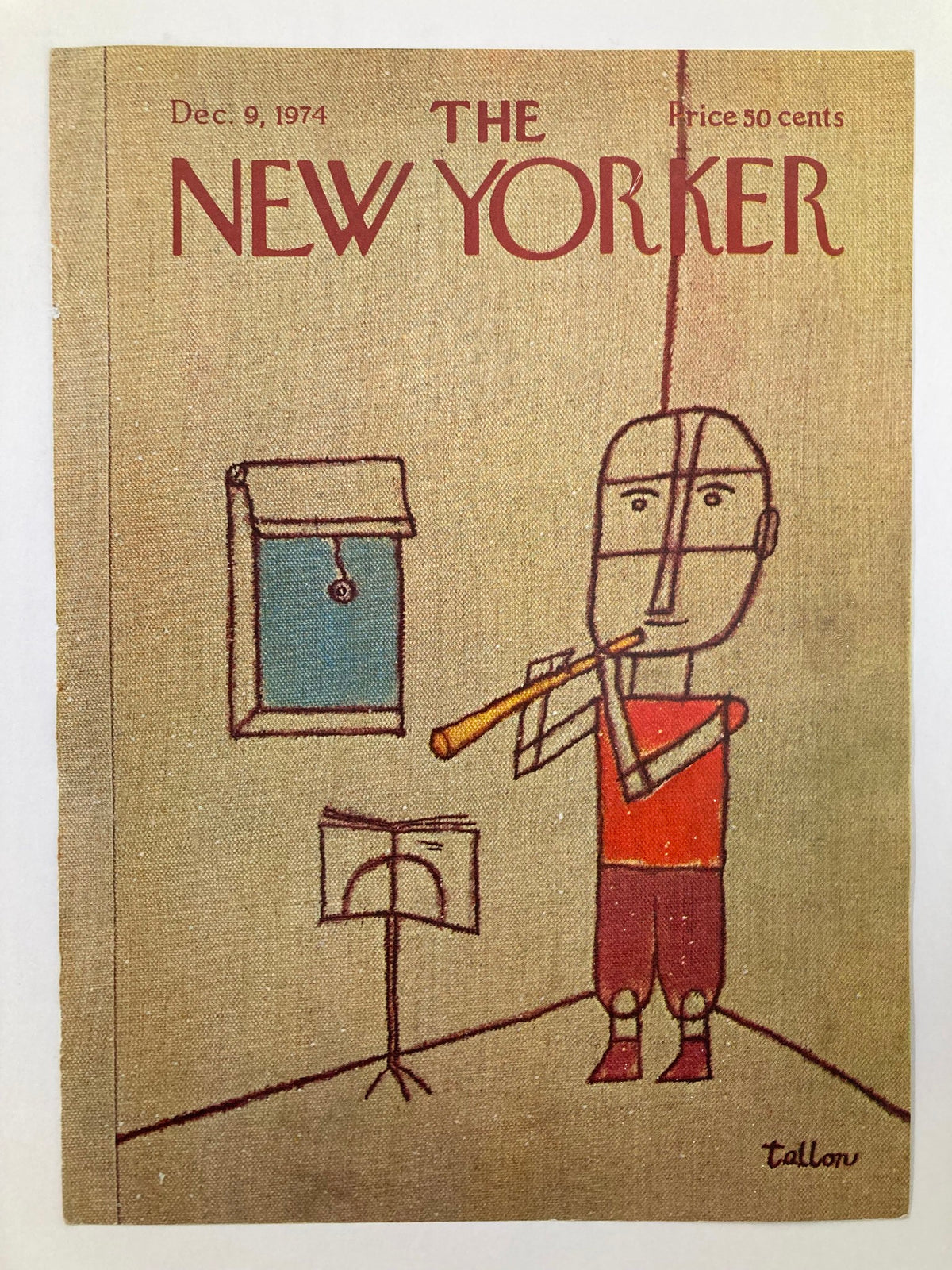 Cover only edition of The New Yorker from December 9, 1974 showcasing the artwork 'Practice More' by R. Tallon, illustrating a character playing the flute against a simple interior backdrop.
