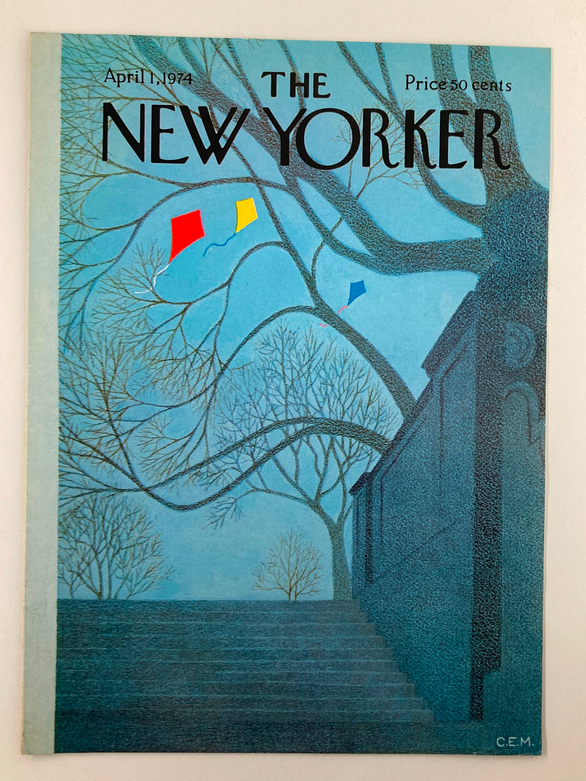 COVER ONLY The New Yorker April 1 1974 Kites Fly by Charles E. Martin, showcasing vibrant kites in a tranquil, artistic setting with subtle shades of blue and bare tree branches.