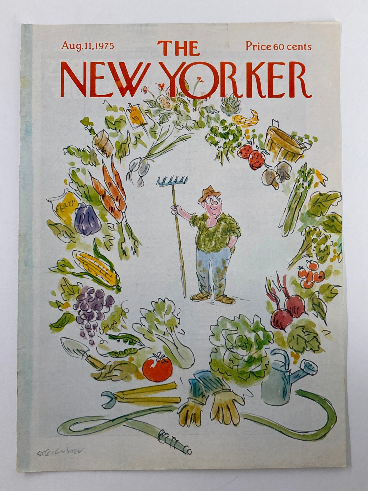 The New Yorker magazine cover dated August 11 1975, titled 'Going Organic', featuring a lighthearted drawing of a gardener with vegetables, perfect for vintage magazine collectors.