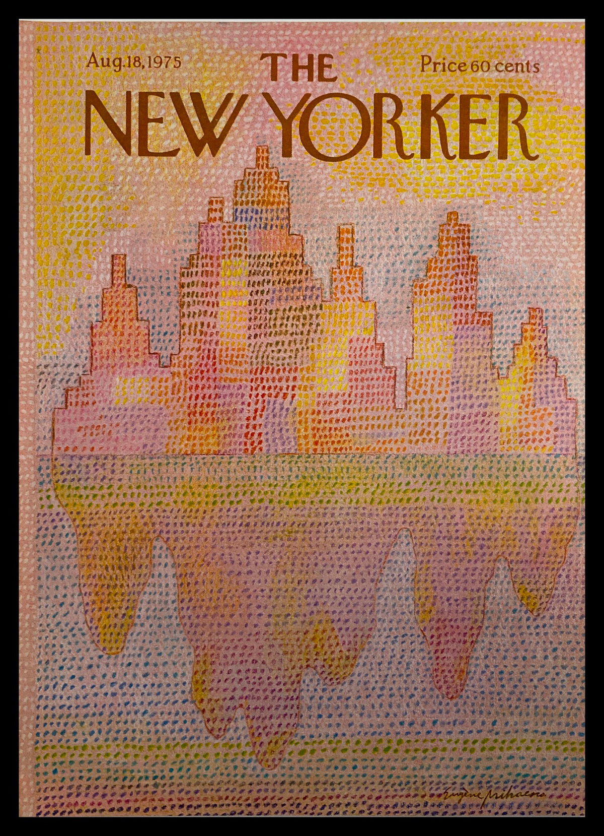 Cover of The New Yorker dated August 18, 1975, featuring the artwork 'Different Worlds' by Mihaesco, showcasing vibrant colors and geometric designs that reflect artistic styles of the era.