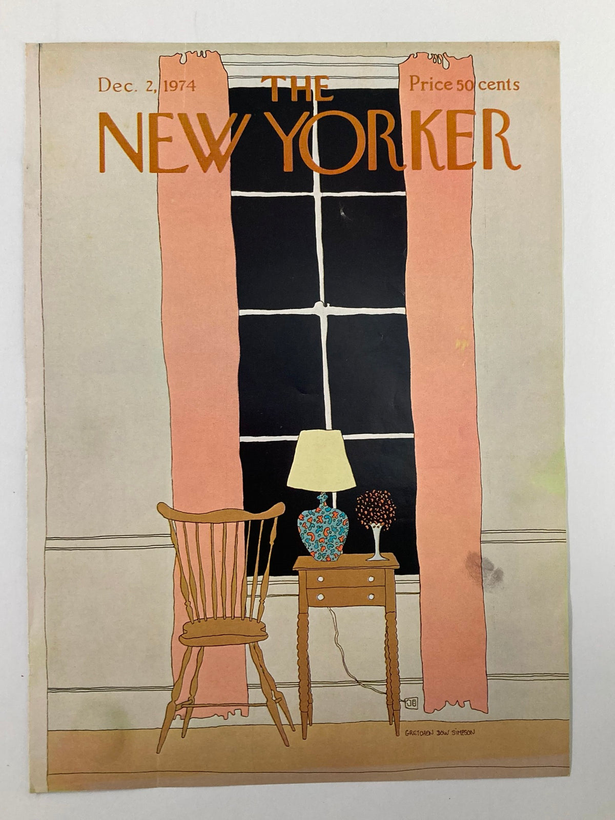 Cover of The New Yorker dated December 2, 1974, showcasing a side table by G. D. Simpson, decorated with a lamp and flower vase, against a window backdrop.