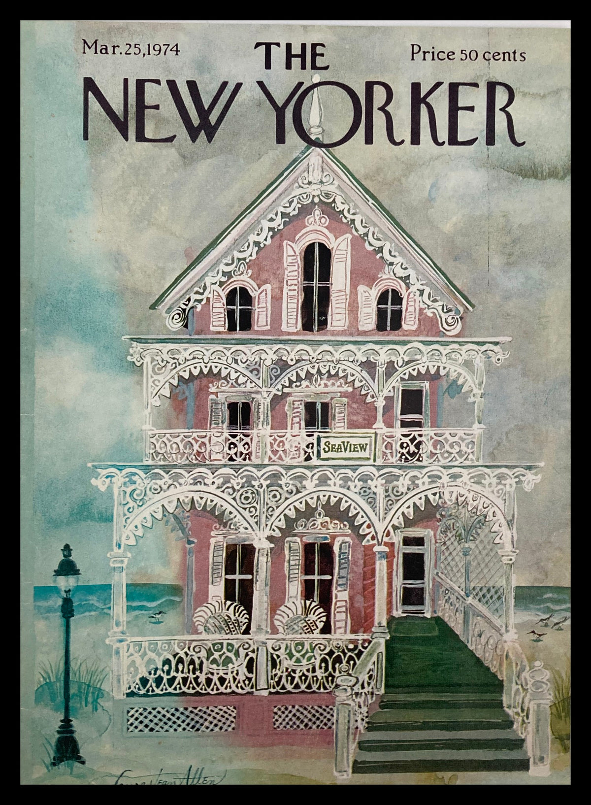 Cover of The New Yorker, March 25, 1974 titled 'SeaView' by Laura Jean Allen, featuring a charming seaside house with ornate architecture and a green staircase.