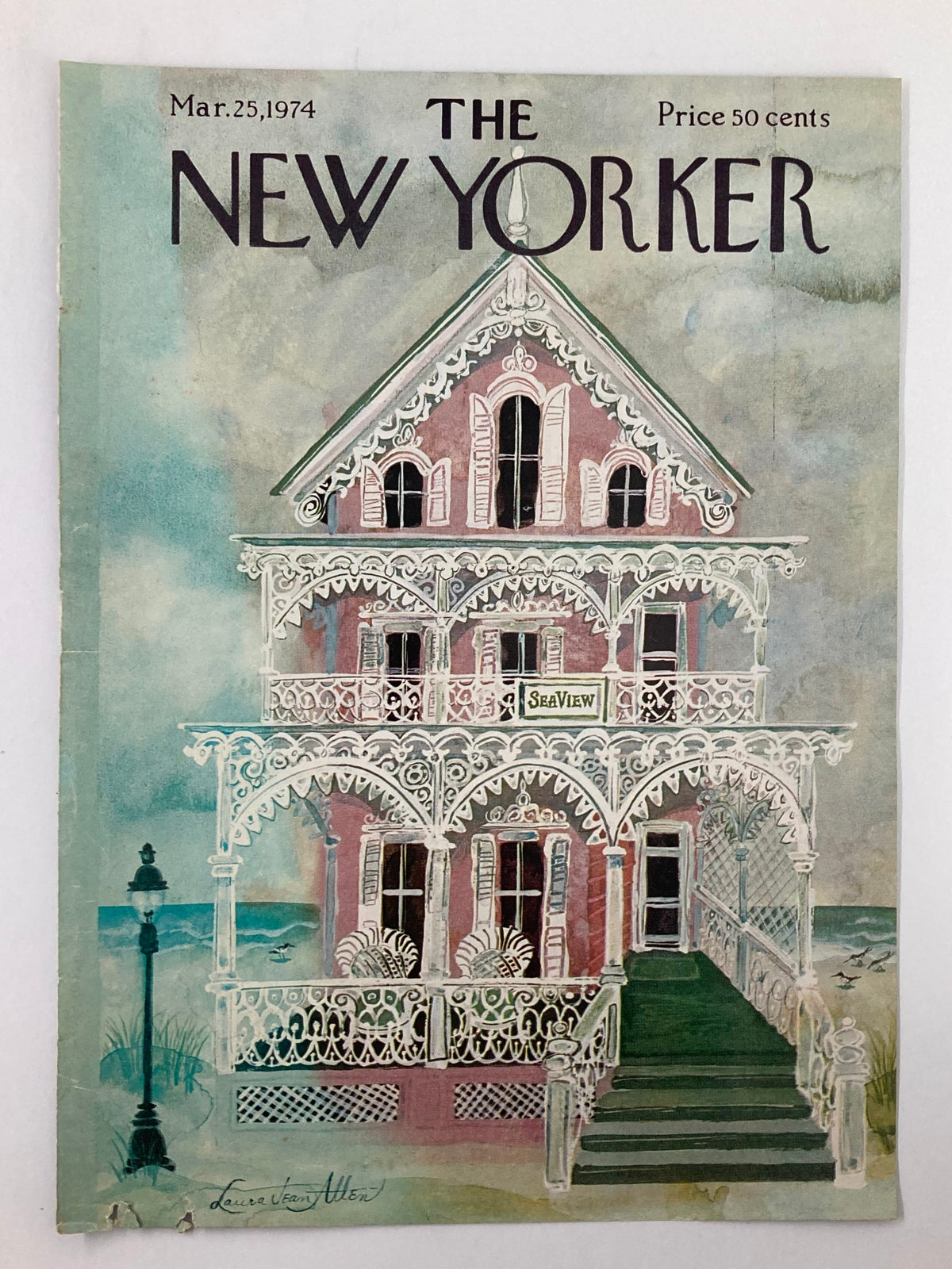 Detailed view of the cover of The New Yorker, March 25, 1974 titled 'SeaView' by Laura Jean Allen, showcasing a decorative seaside mansion, vintage design elements, and a lamp post.