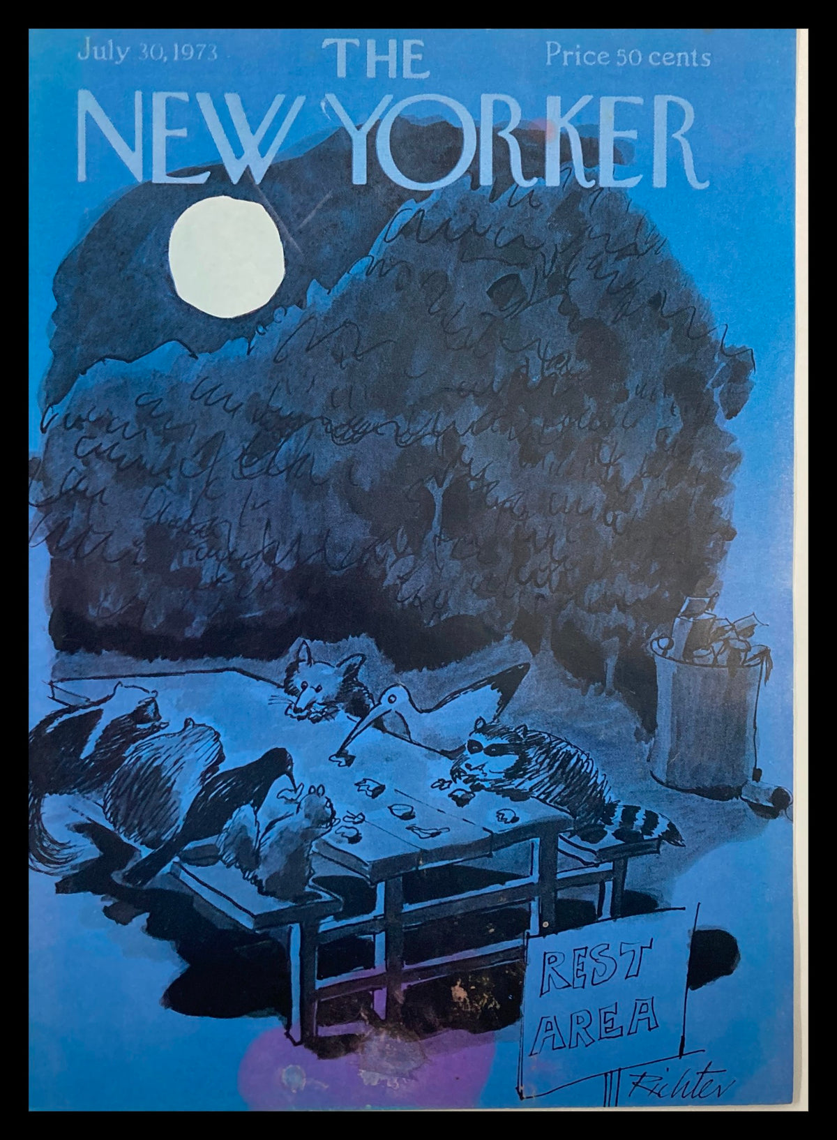 COVER ONLY The New Yorker July 30 1973 Rest Area by Mischa Richter, featuring a playful nighttime scene with animals gathered around a picnic table under the moonlight.