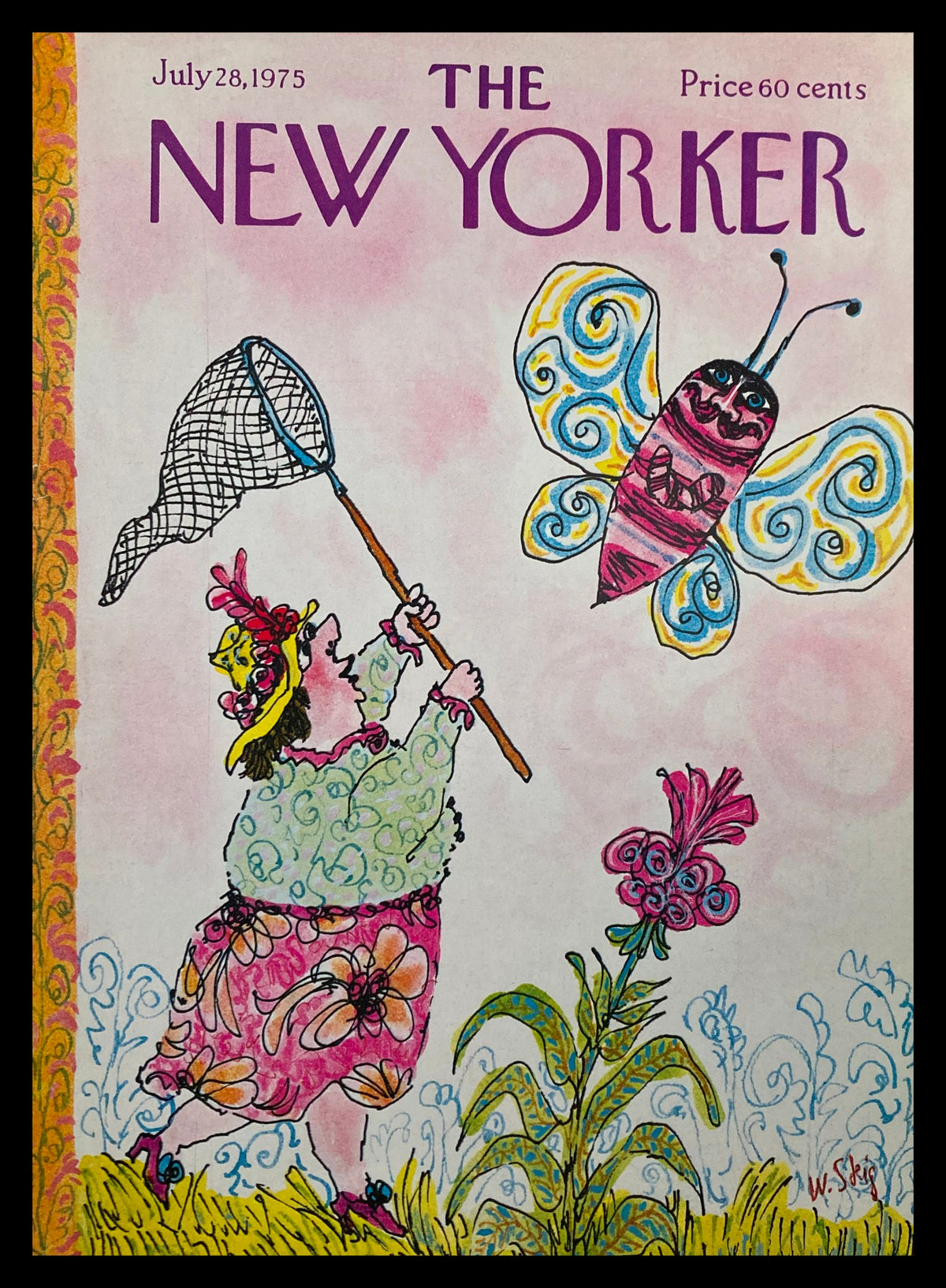 Cover only of The New Yorker, July 28, 1975, titled 'Trying To Catch' by W. Steig, featuring whimsical illustration of a woman with a net trying to catch a colorful butterfly, with vibrant colors and playful lines.