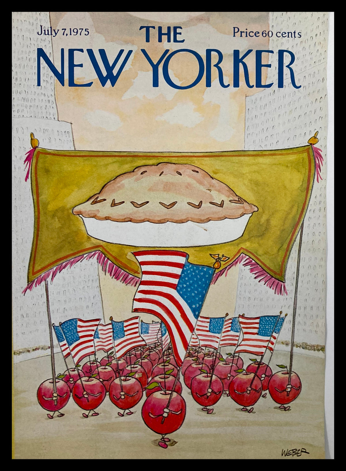 COVER ONLY The New Yorker July 7 1975 featuring 'Apple Pie Army' illustration by Robert Weber, depicting a whimsical parade of tomatoes carrying American flags under a pie banner.