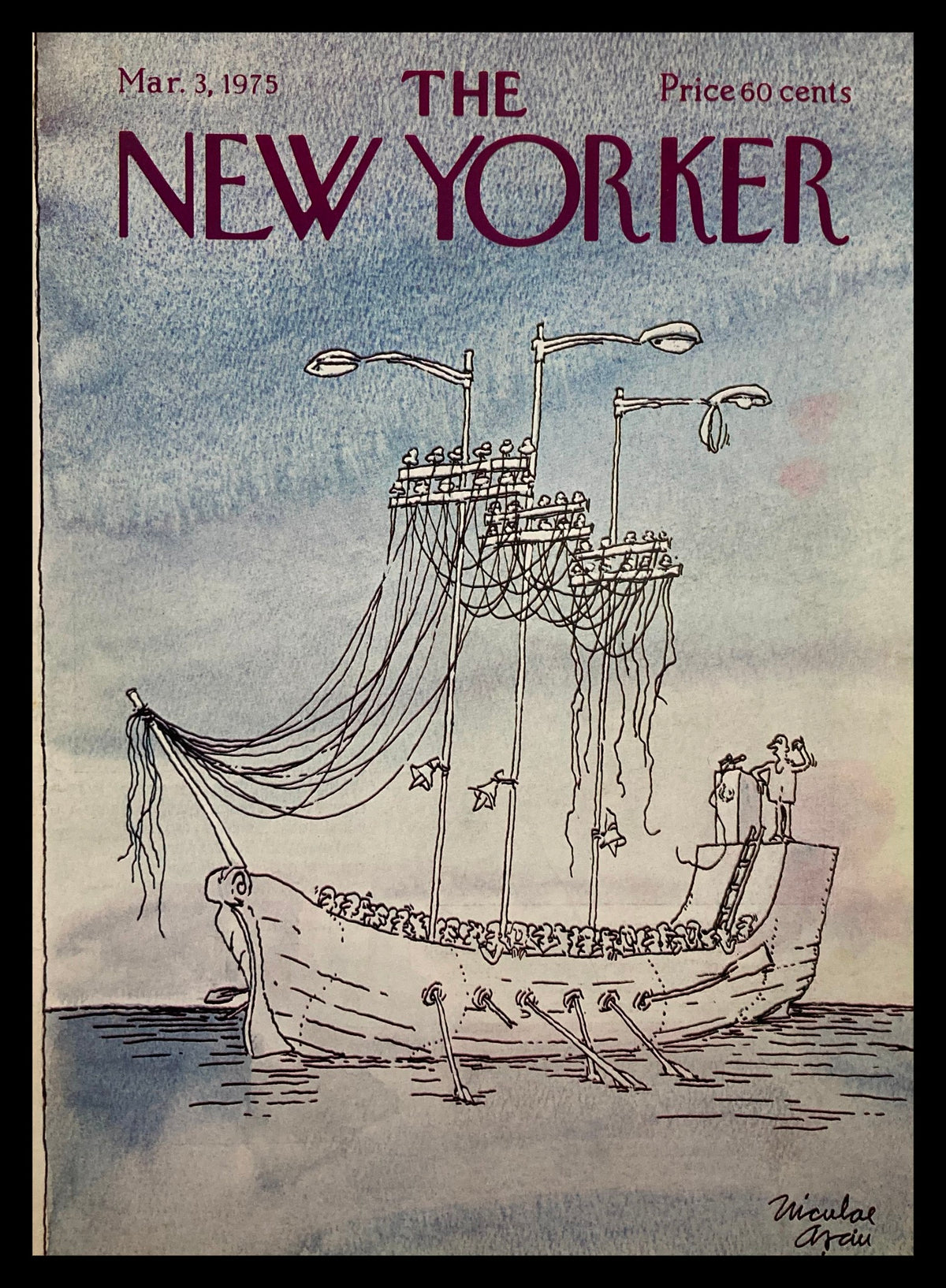 The New Yorker Cover March 3 1975 featuring a disabled ship illustration by Niculae Asciu. The cover displays a whimsical scene with an intricately designed ship and figures, framed in a soft watercolor background.