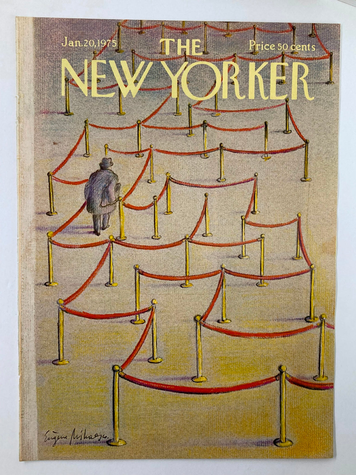 The New Yorker cover from January 20, 1975, illustrating 'What Line' by Eugene Mihaesco, depicting a figure walking through a maze of red ropes and golden poles.