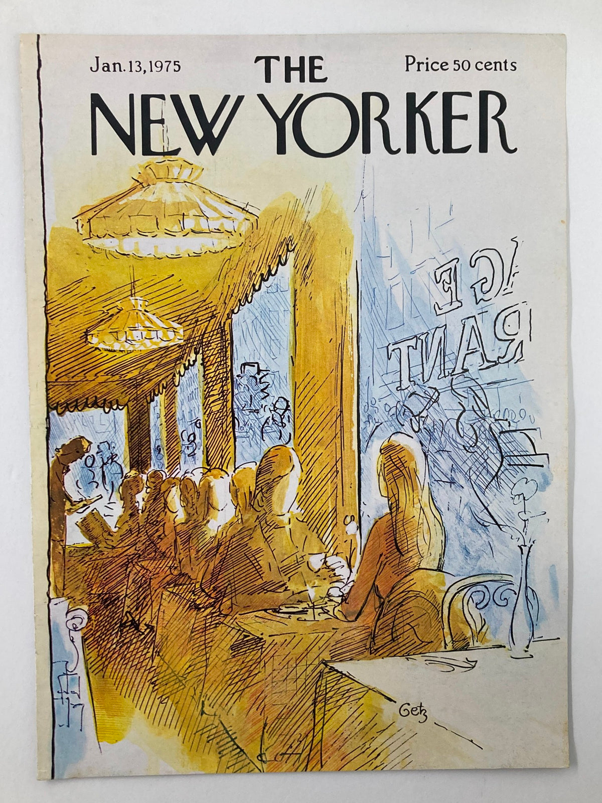 COVER ONLY The New Yorker January 13 1975 Menu Please by Arthur Getz features a vintage illustration of a dining scene with patrons enjoying a meal in a charming setting, showcasing the unique artistry of the renowned illustrator.