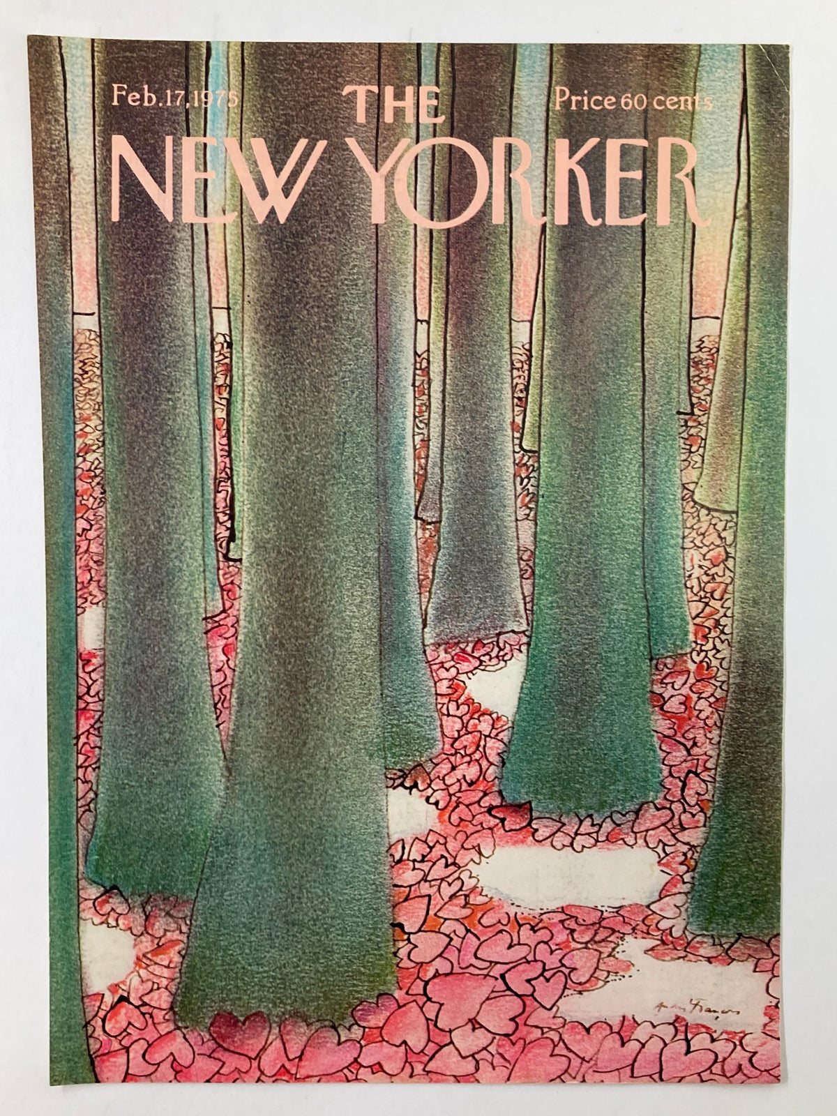 COVER ONLY The New Yorker February 17 1975 Heart Leaves by A. Francois, showcasing vibrant artwork with trees and heart-shaped pink leaves on the forest floor.