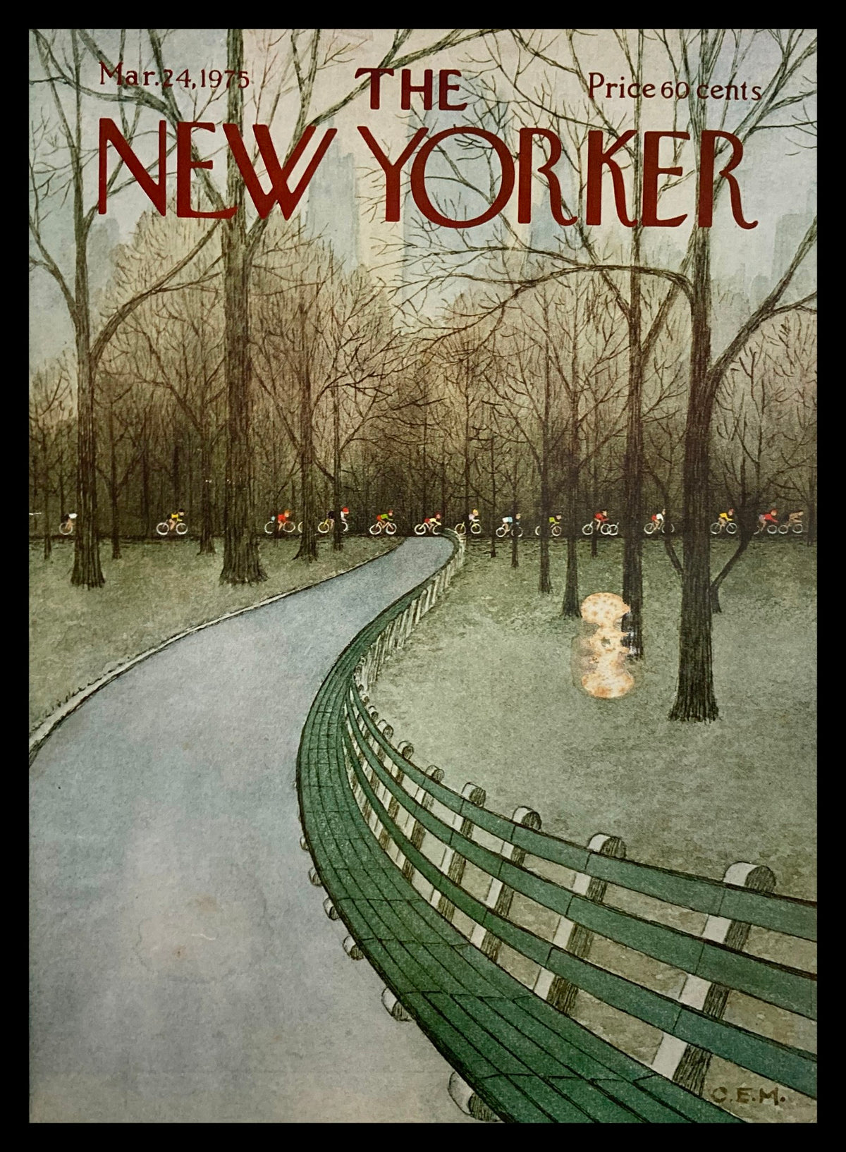 The New Yorker cover dated March 24, 1975, featuring cycling art by Charles E. Martin, depicting a winding path through a park with cyclists and bare trees.
