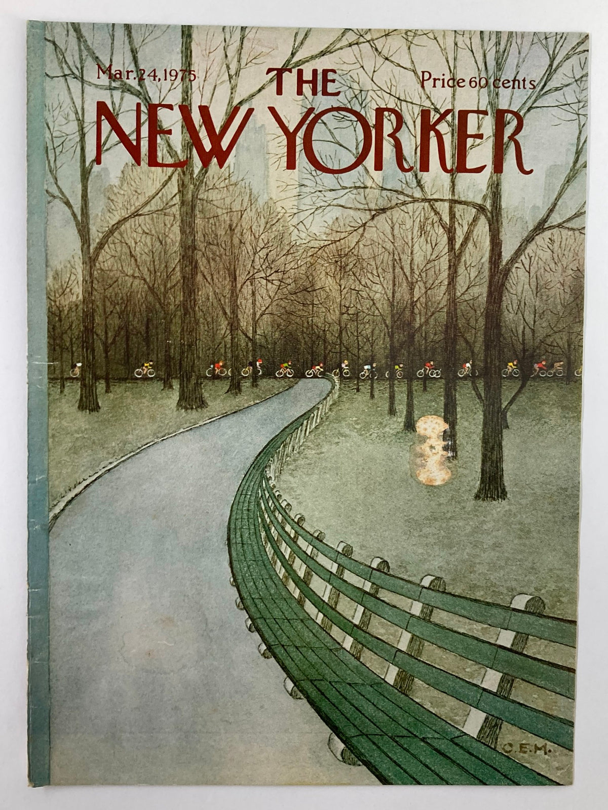 Cover of The New Yorker from March 24, 1975, illustrated by Charles E. Martin, showcasing a serene bike path lined with trees and cyclists.