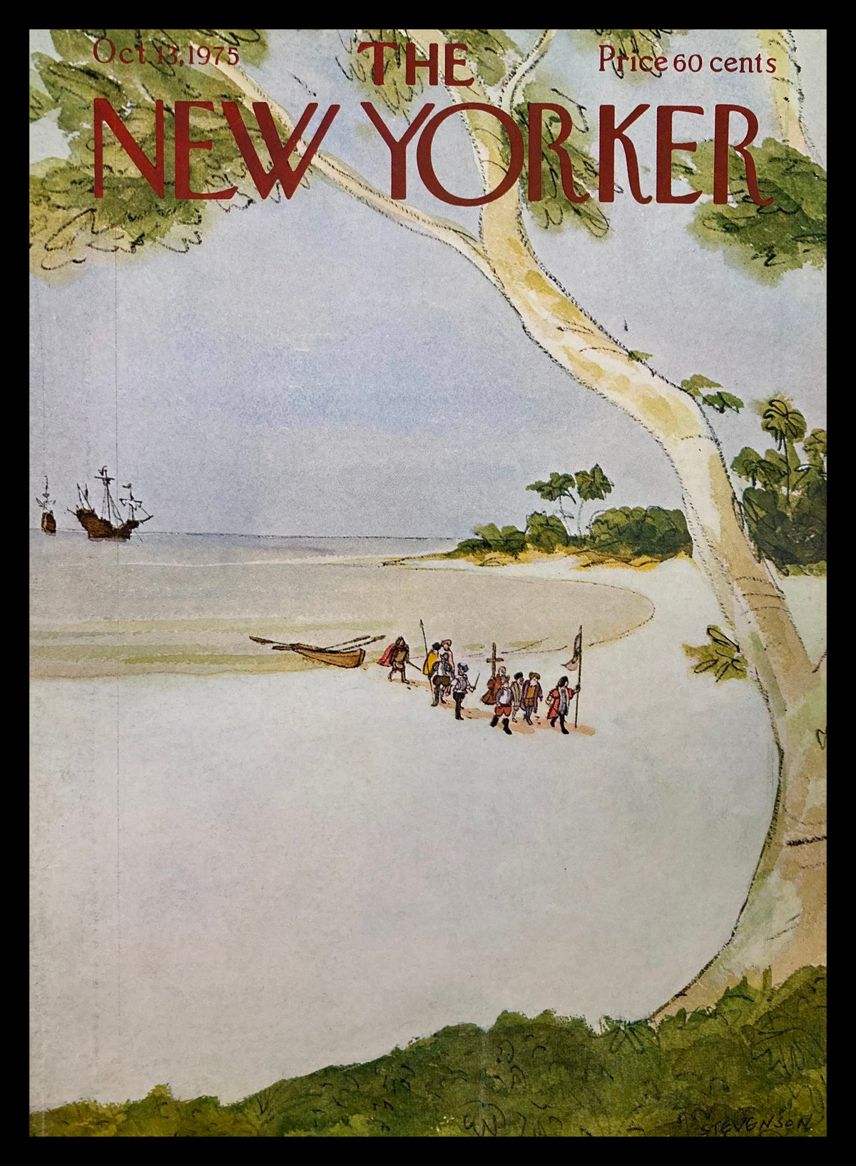Cover of The New Yorker, October 13, 1975, titled 'Invasion' by James Stevenson. The artwork depicts a serene beach scene with explorers arriving by boat, surrounded by lush greenery and distant ships.