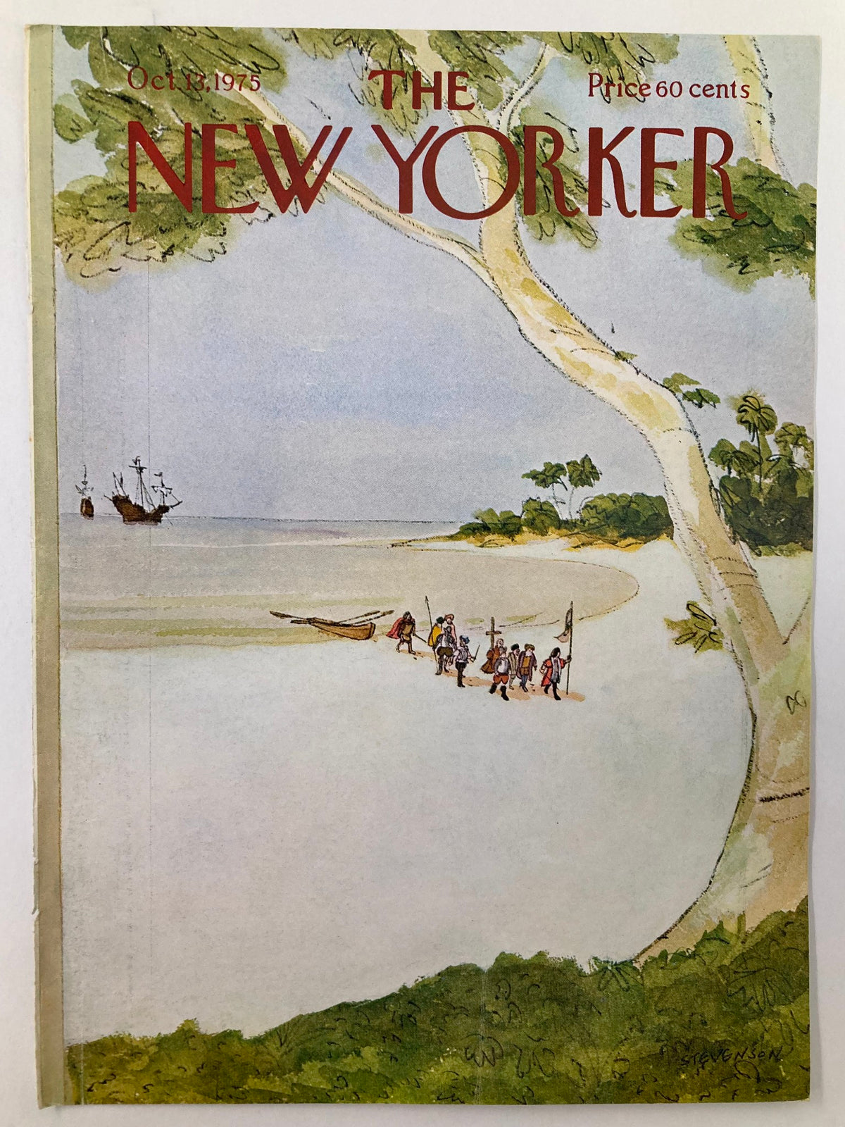 Cover of The New Yorker, October 13, 1975, featuring the artwork 'Invasion' by James Stevenson. This illustration showcases a group of figures at the beach, capturing an artistic moment in history.