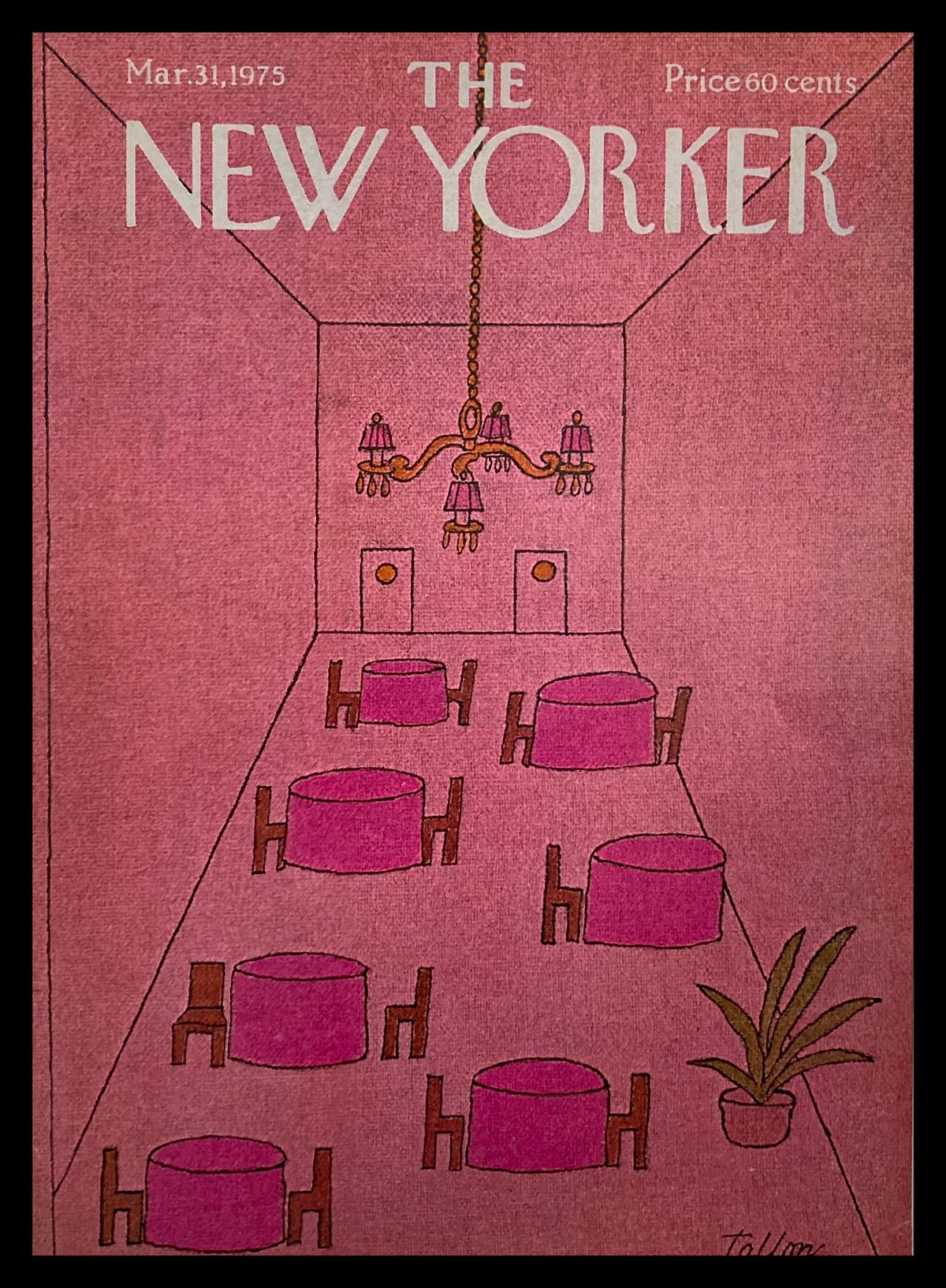 The New Yorker March 31, 1975 cover featuring a vibrant illustration of a pink dining room with round tables and a chandelier by Robert Tallon.