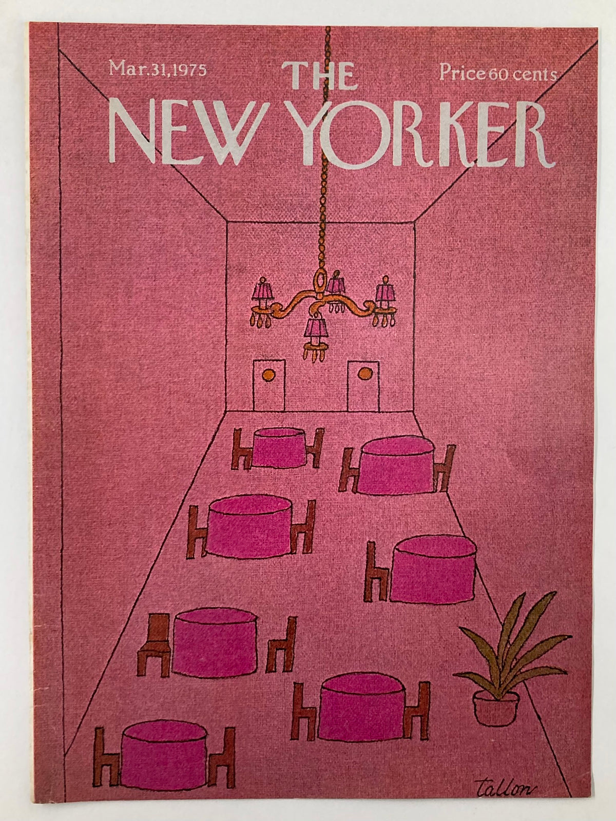 The New Yorker March 31, 1975 cover showcasing a unique artistic representation of pink tables and a chandelier, created by Robert Tallon.
