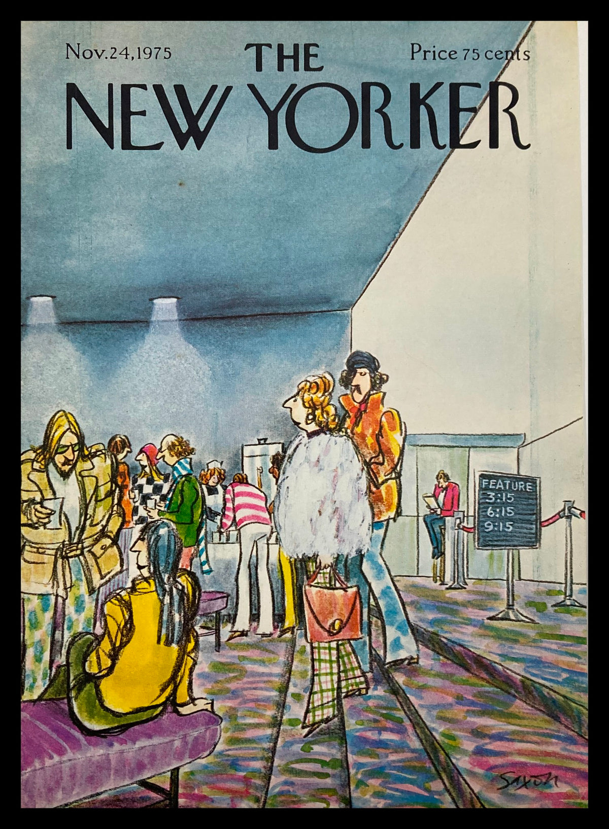 The New Yorker Cover - November 24, 1975, illustrated by C. Saxon, featuring a vibrant movie scene with stylish figures in a theater.