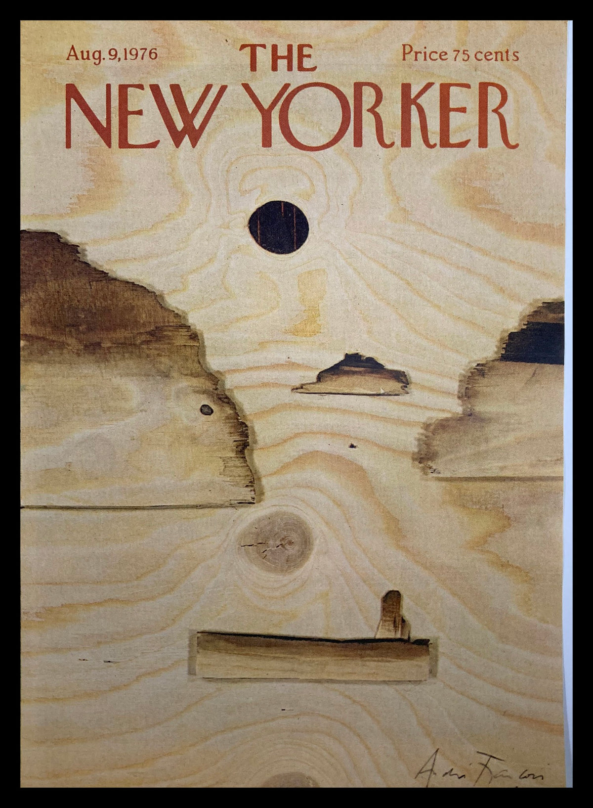 COVER ONLY The New Yorker August 9, 1976 featuring a wood-themed illustration by Andrei Francois, showcasing serene scenery with a boat and a striking sun against a wood pattern background.