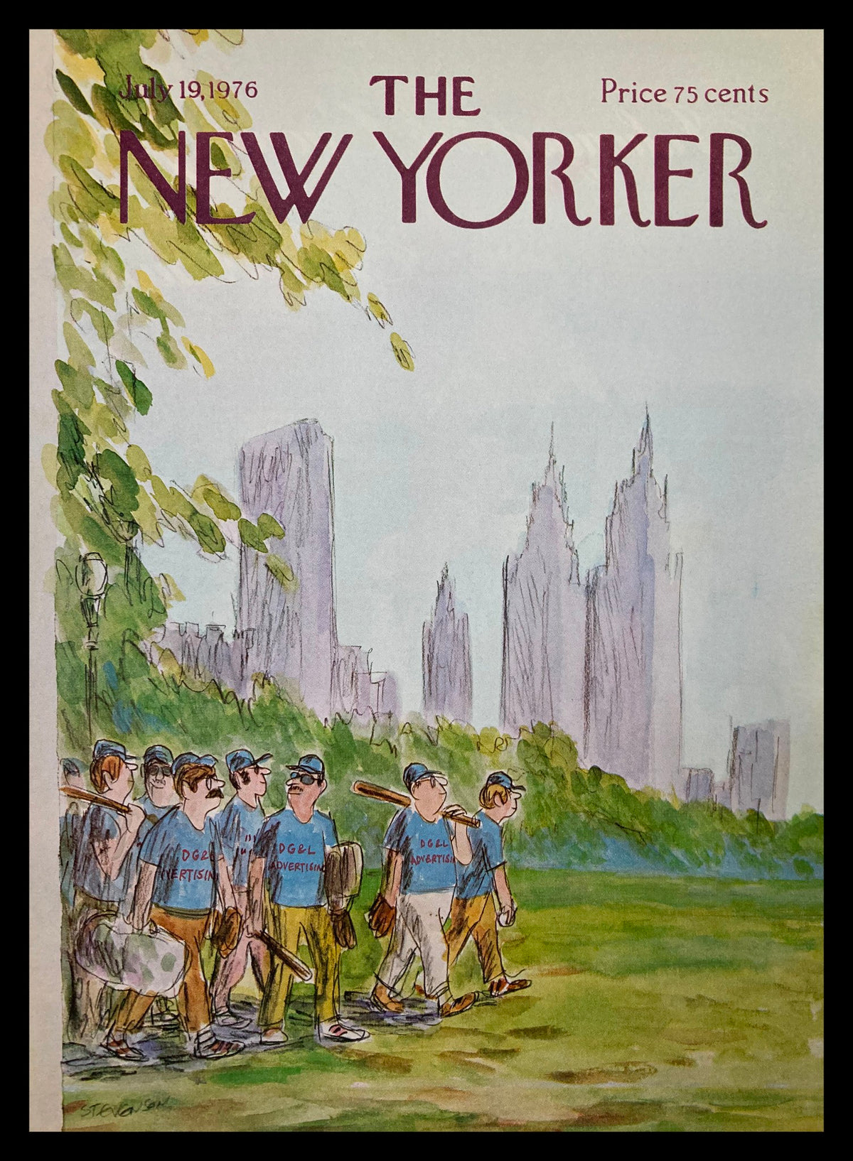 Cover only of The New Yorker from July 19, 1976, featuring an illustration by James Stevenson depicting a group of men in blue shirts labeled 'DG&L Advertising' walking in a park with tall buildings in the background.