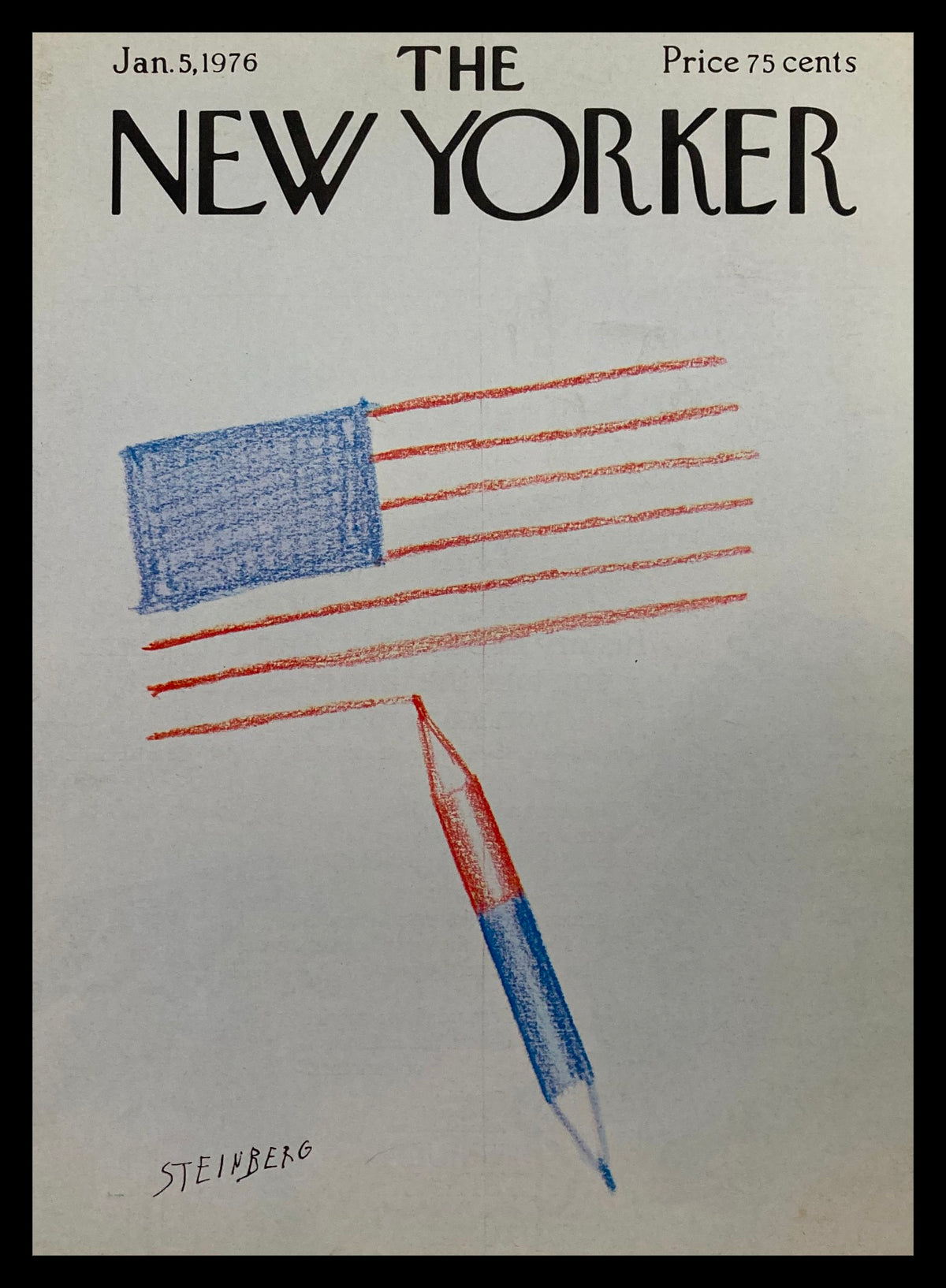 Cover of The New Yorker January 5 1976, featuring a whimsical design by Saul Steinberg, showcasing a blue rectangle and red lines resembling a flag.