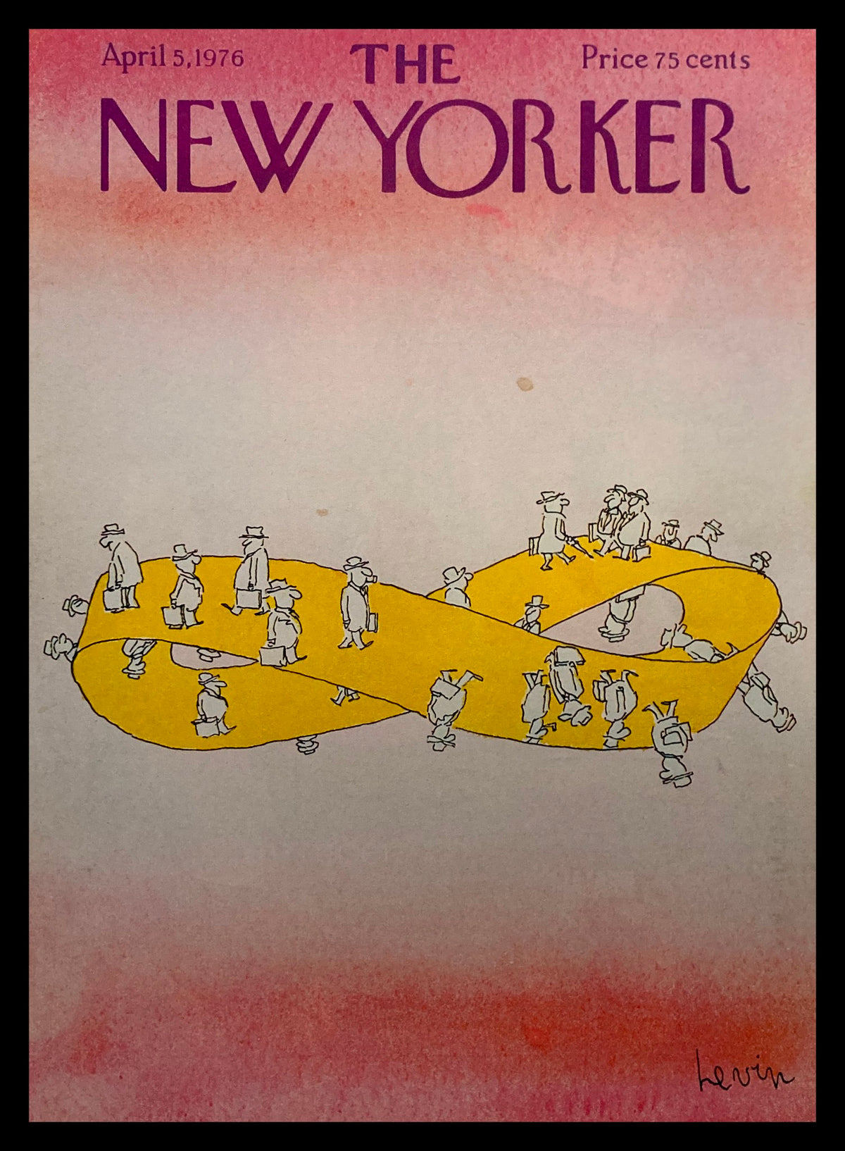 The New Yorker April 5, 1976 cover featuring the iconic 'Yellow Loop' design by Ira Levin, depicting a whimsical illustration of people walking on an infinite yellow ribbon against a pink gradient background.