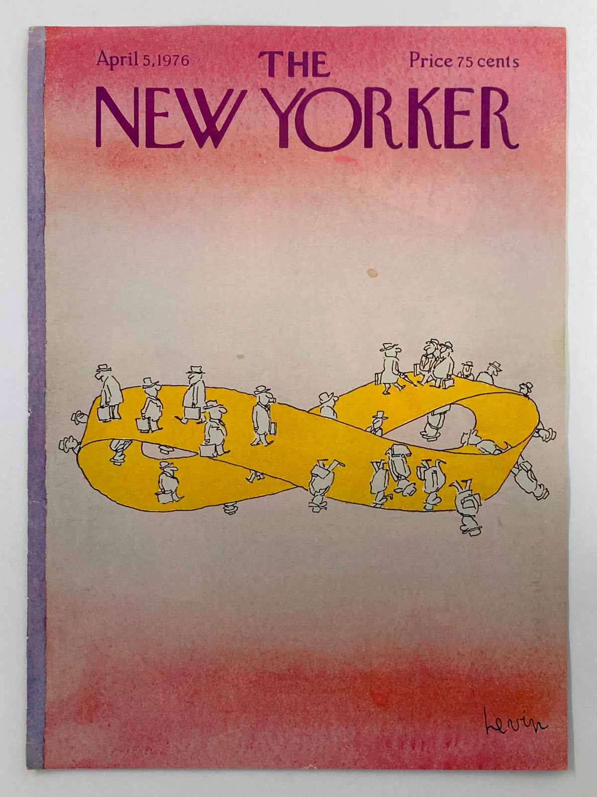 The New Yorker April 5, 1976 cover showcases the distinctive 'Yellow Loop' artwork by Ira Levin, illustrating figures traversing a yellow loop in a playful scene on a faded pink background.